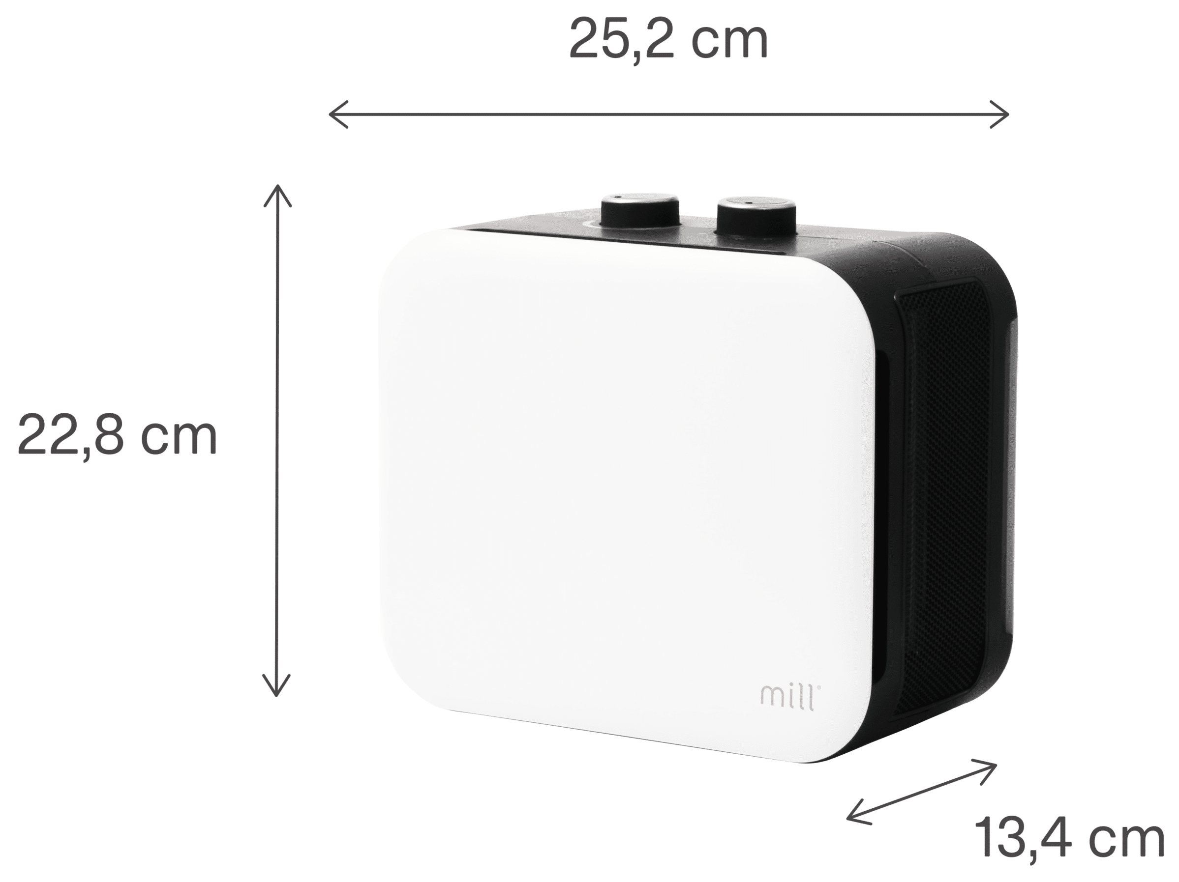 A white heater with black controls and dimensions shown.