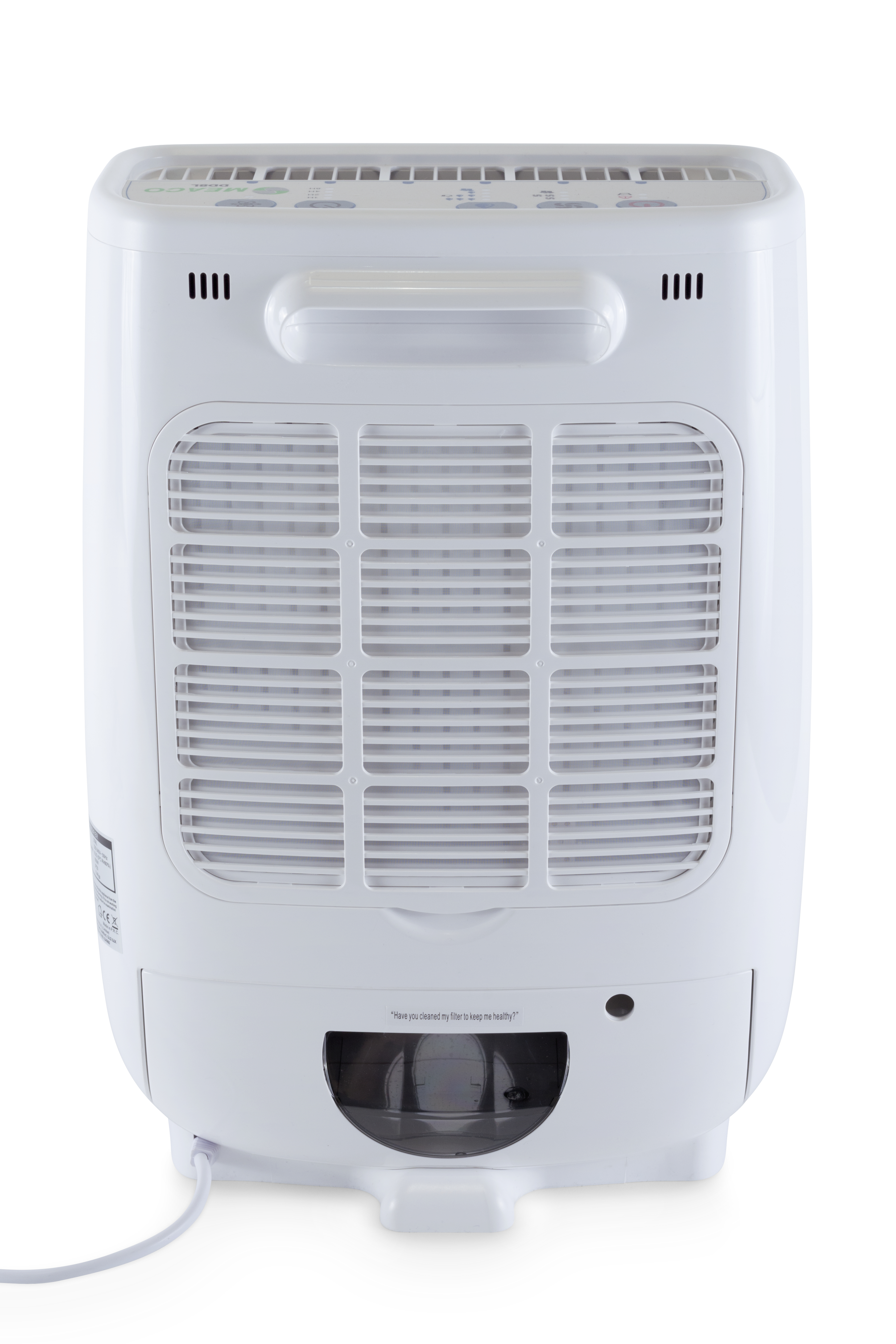 White dehumidifier with handle, vents, filter, and water tank on a white background.