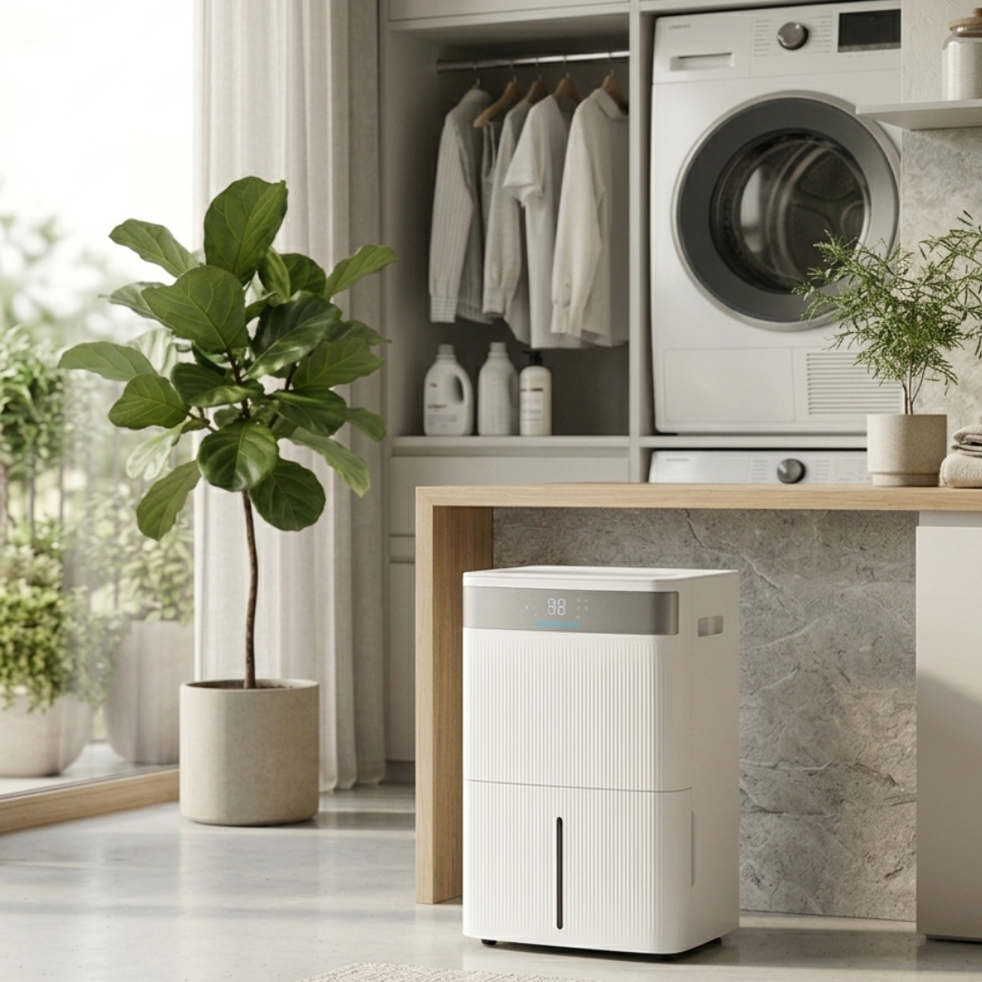 A white dehumidifier sits in front of a washing machine and clothes.