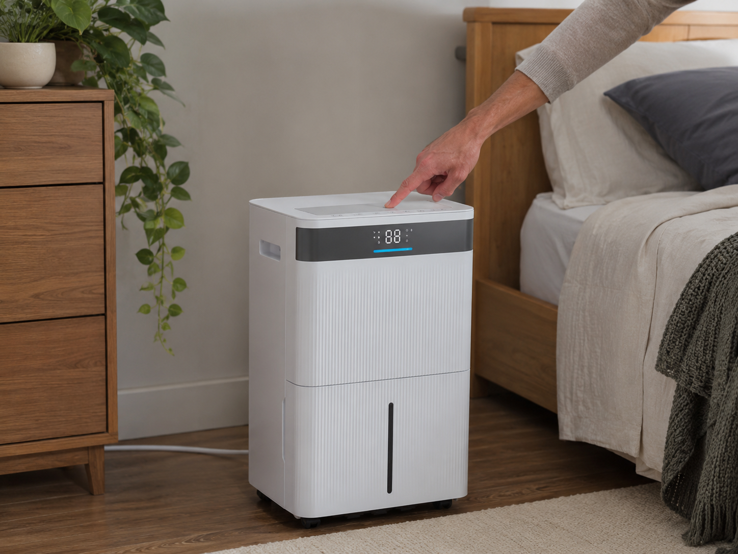 A person presses buttons on a white dehumidifier next to a wooden dresser and bed.