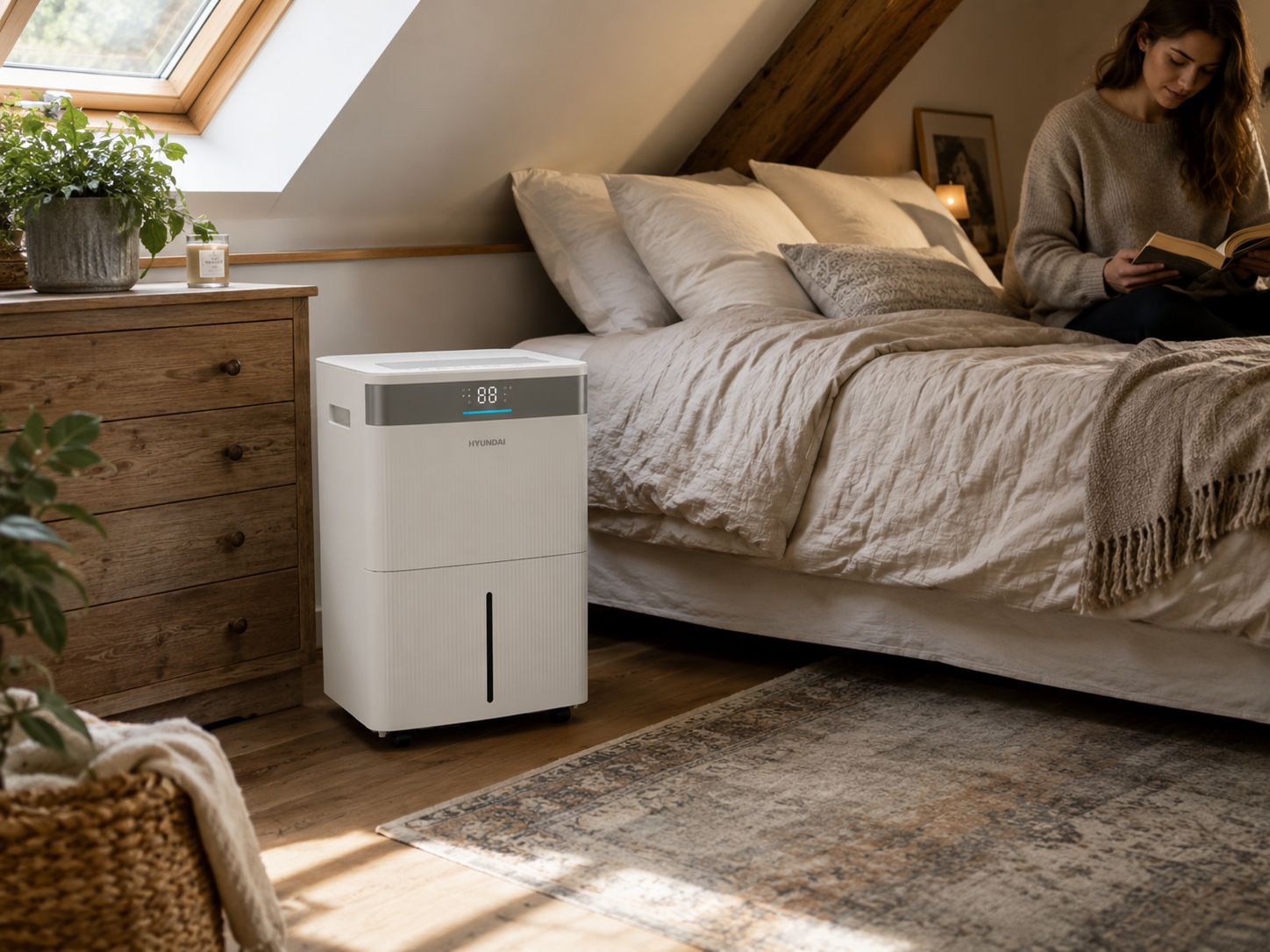 A white dehumidifier sits by a wooden dresser and bed. A woman reads.