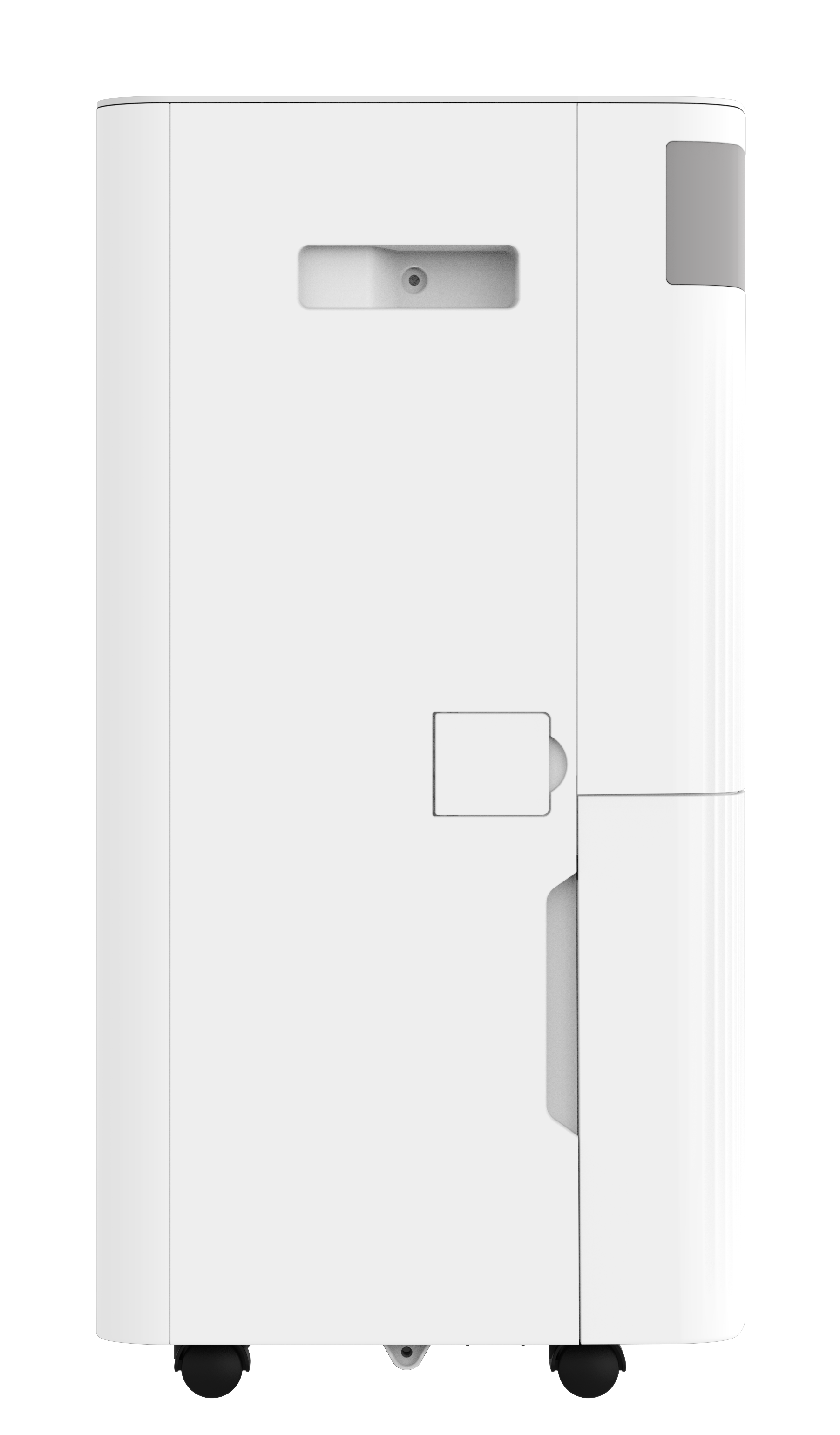 A white dehumidifier with gray accents and wheels.
