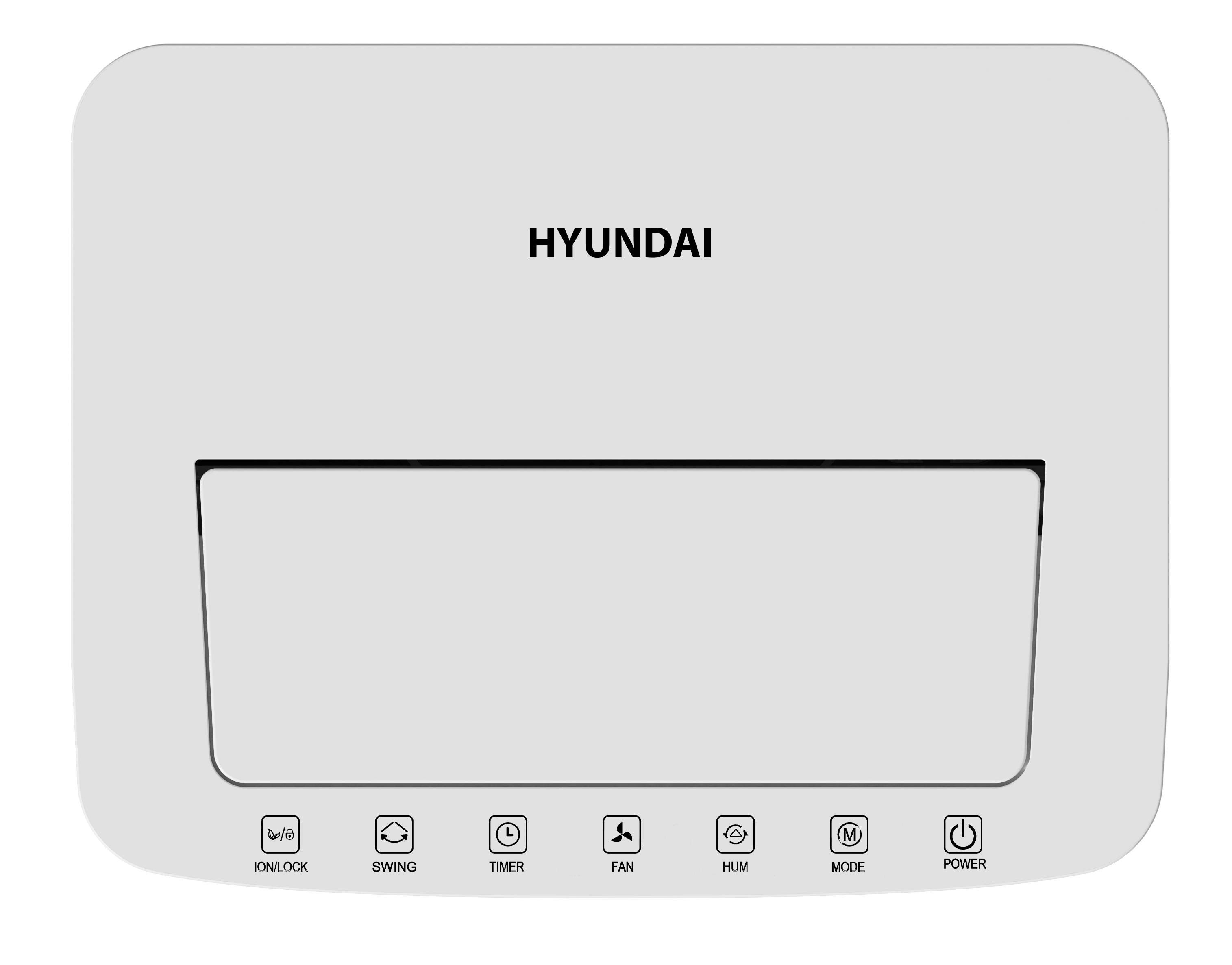 A Hyundai air purifier with icons for ionizer, swing, timer, fan, humidity, and power.