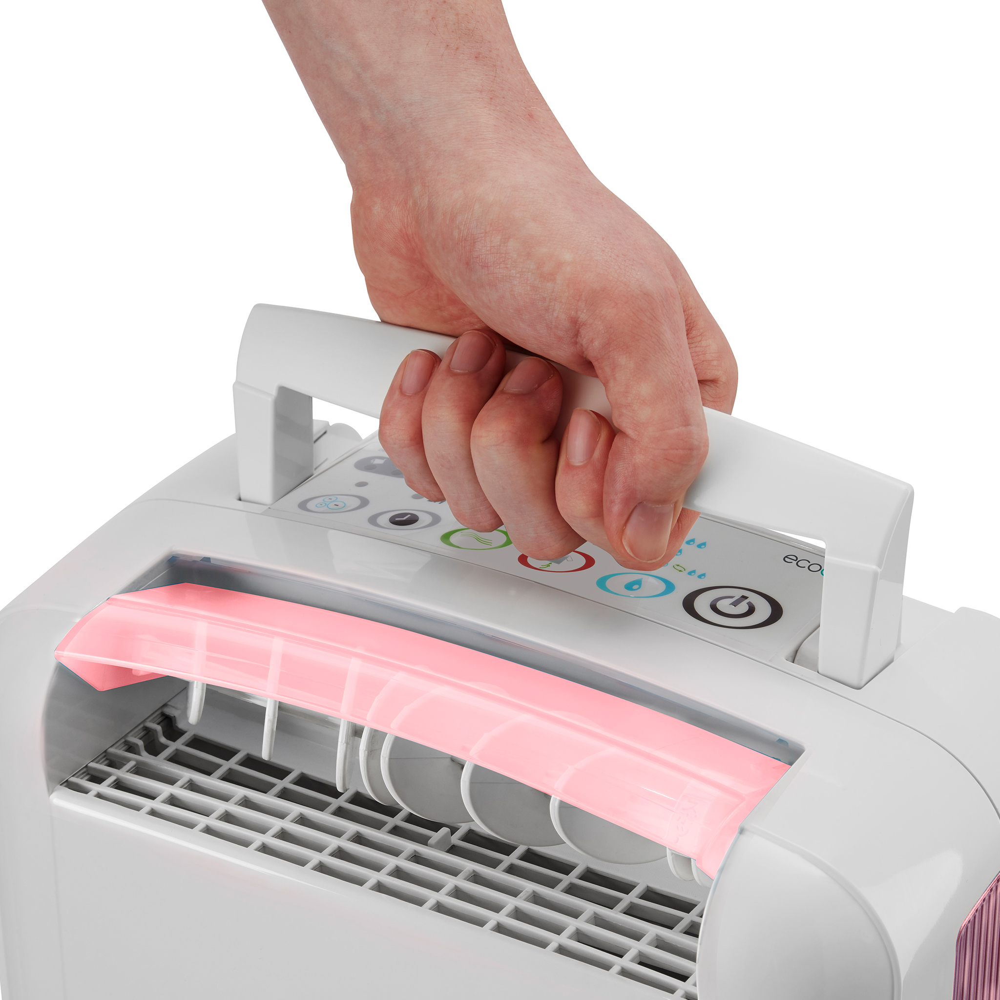A hand grips the handle of a white device with control panel and pink vents.