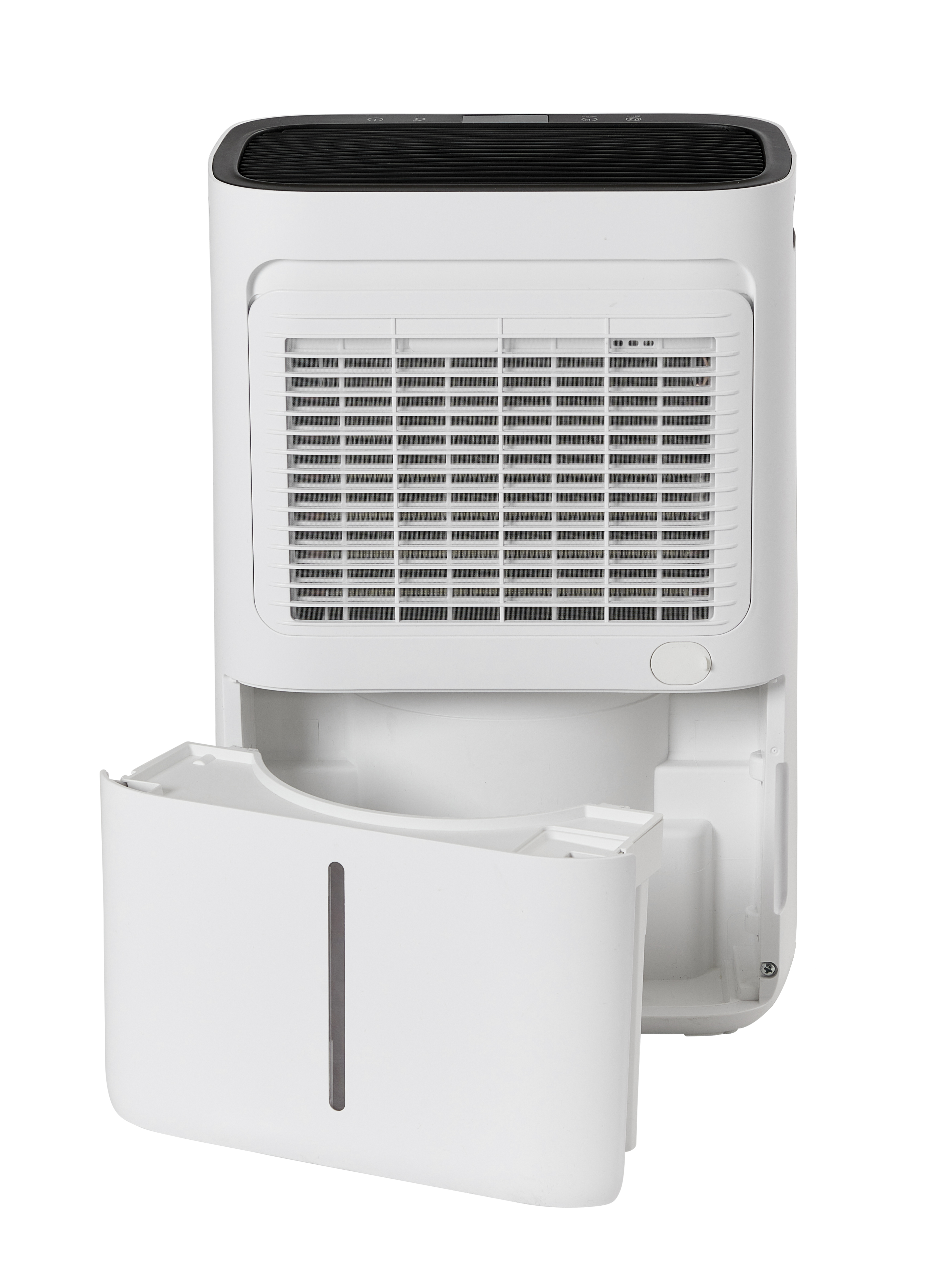 A white dehumidifier with an open water tank and ventilation grille.