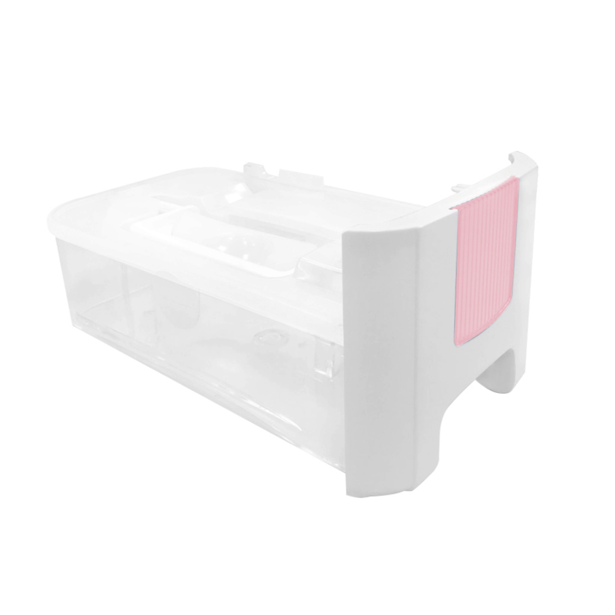 A clear plastic container with a white frame and a pink insert.