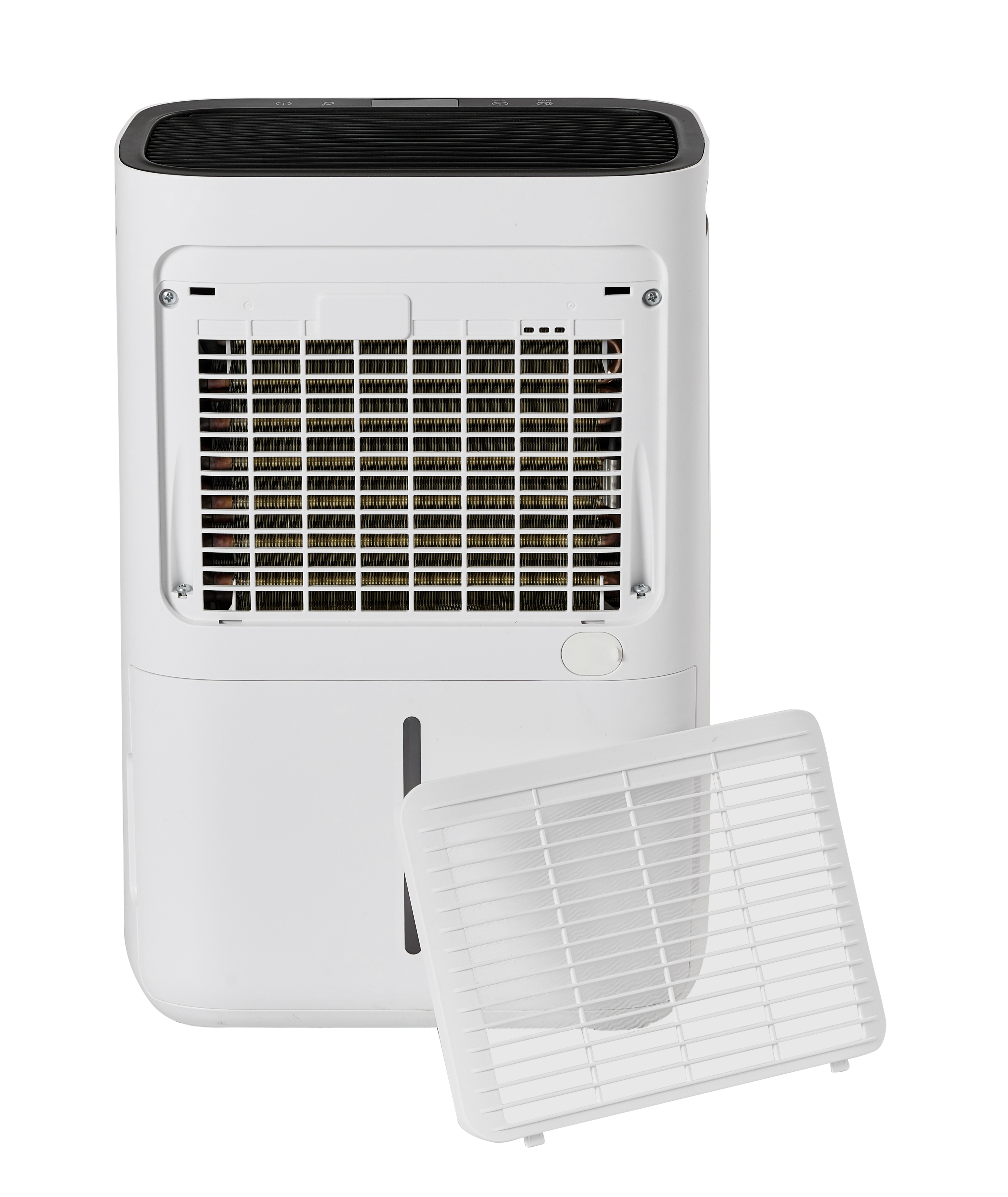 Back of a white dehumidifier with filter cover removed, showing the fan grille.