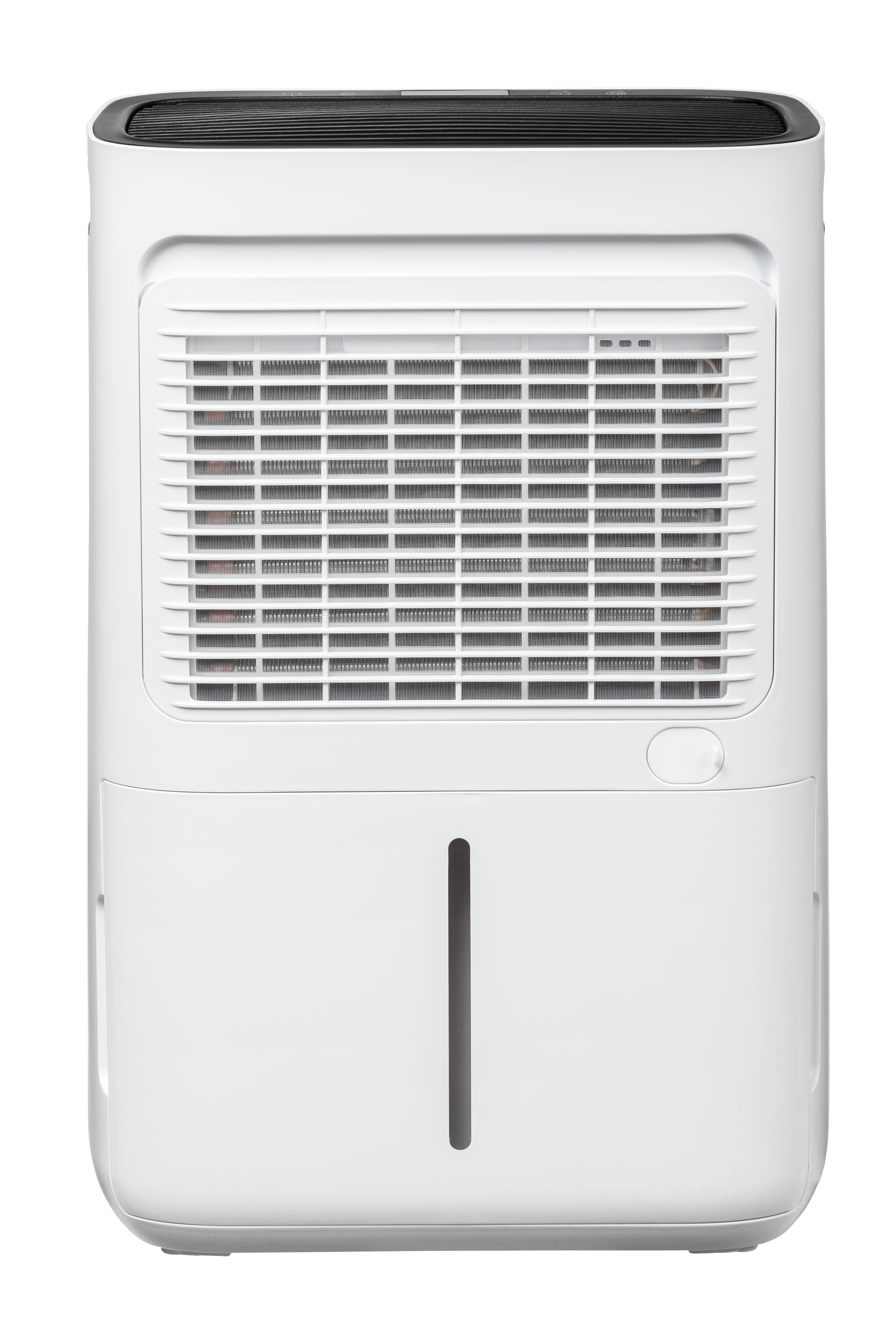 A white dehumidifier with a black vent at the top and a water tank at the front.