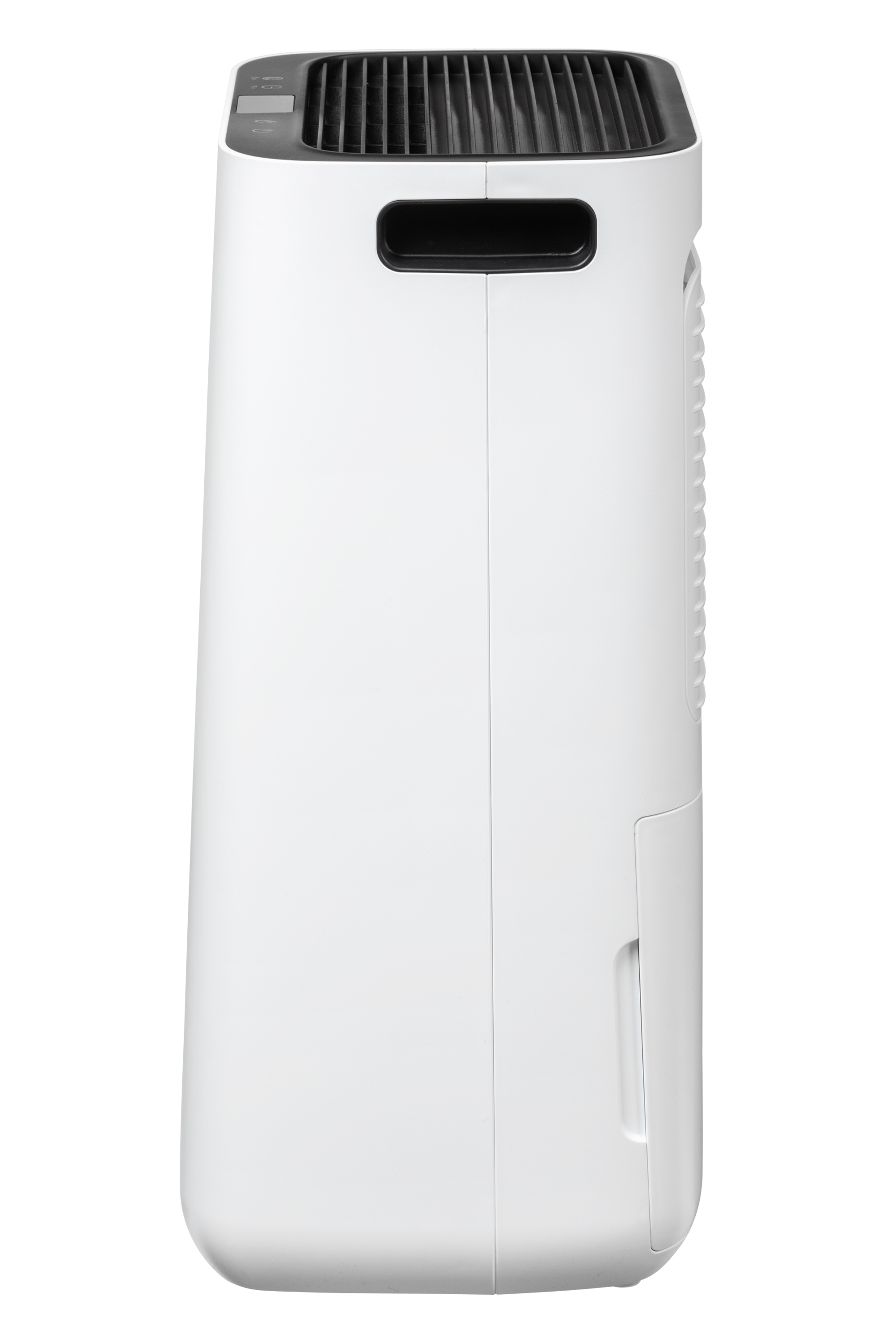 A white dehumidifier with a black vent and handle against a white background.