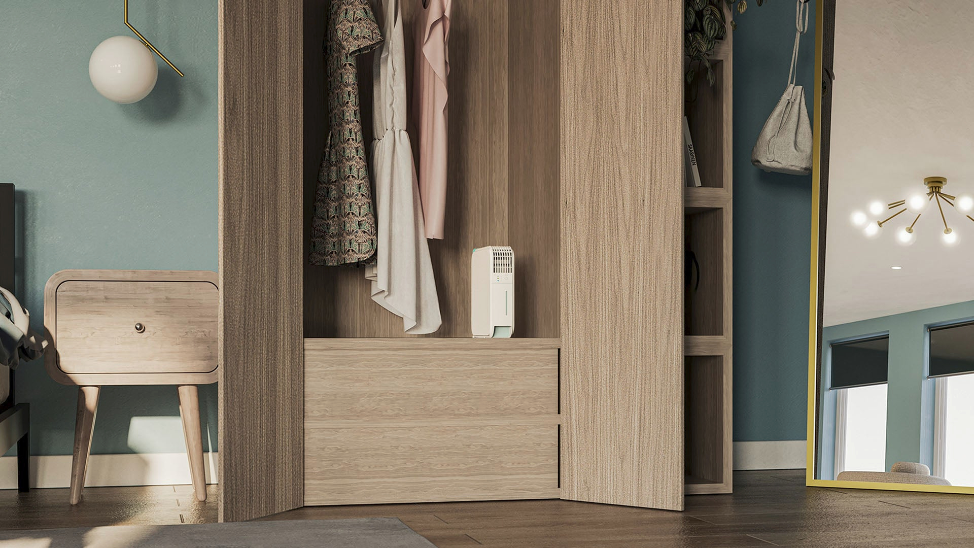 A closet with clothes, a nightstand, and a mirror are visible.