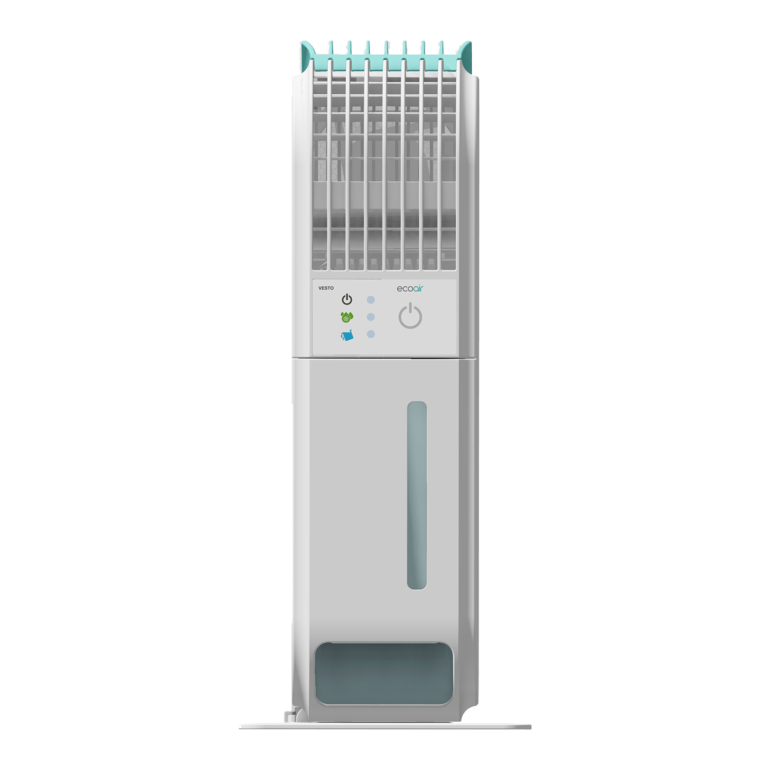 A white and light blue portable air cooler with a transparent water level indicator.