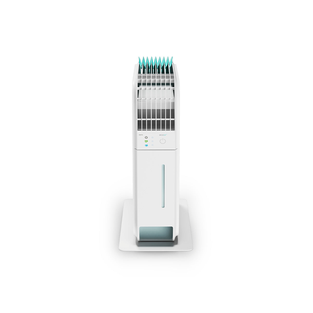 A white air cooler with blue fins at the top and a water tank.