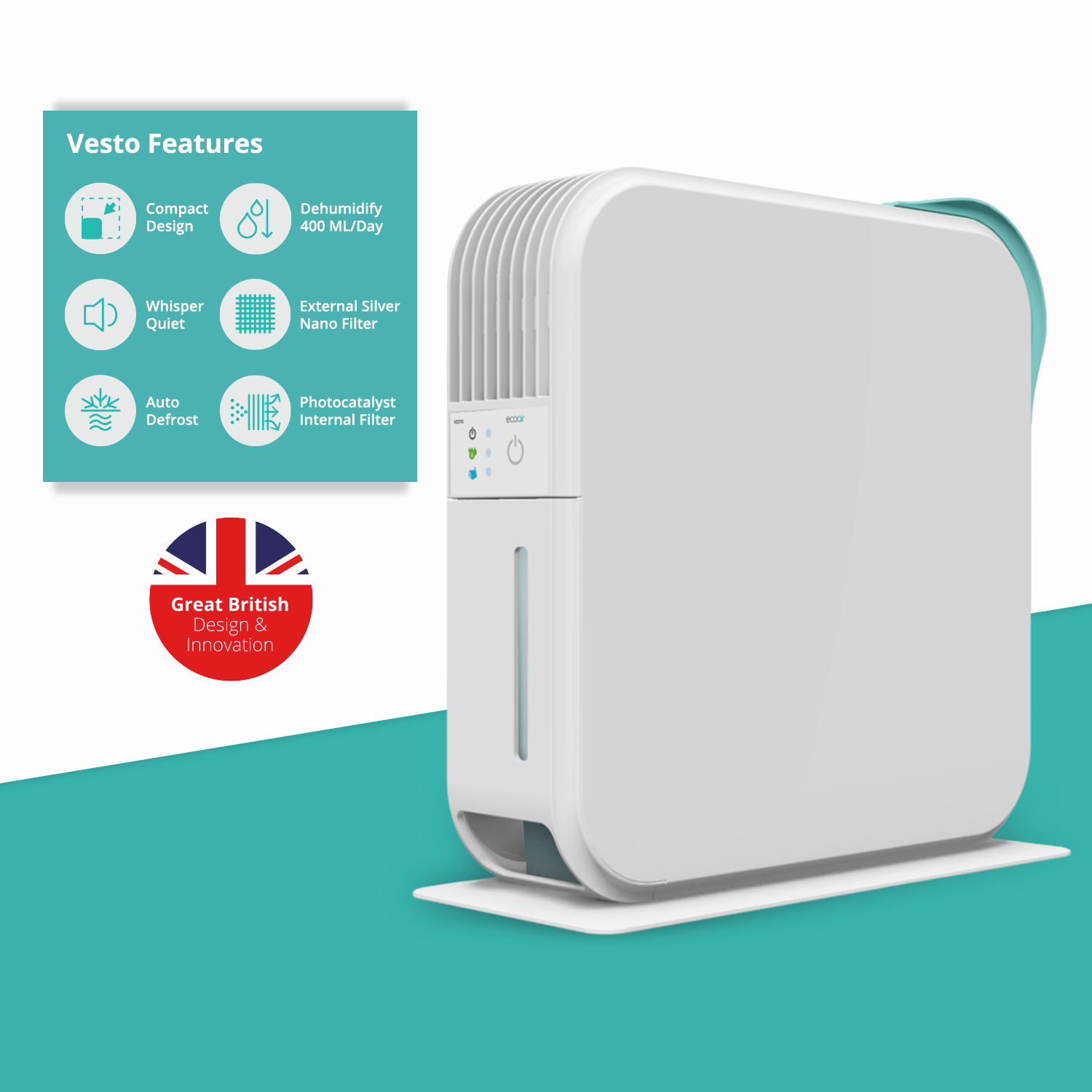 A white Vesto dehumidifier with features listed and a British design logo.