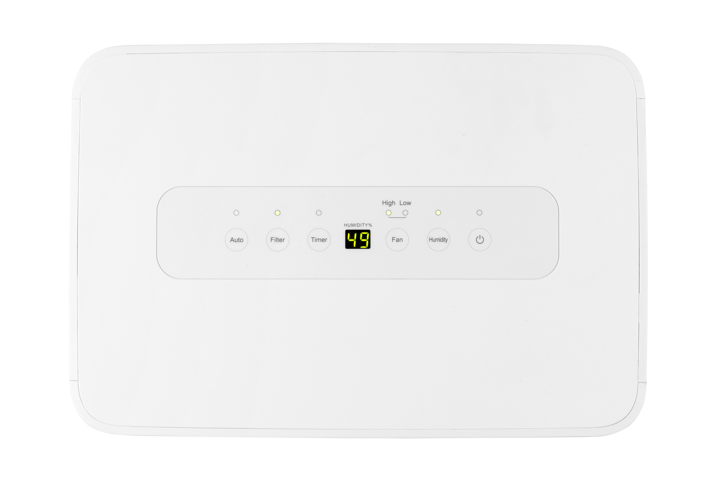A white control panel with digital displays and icons for Auto, Filter, Timer, Fan, and Humidity.