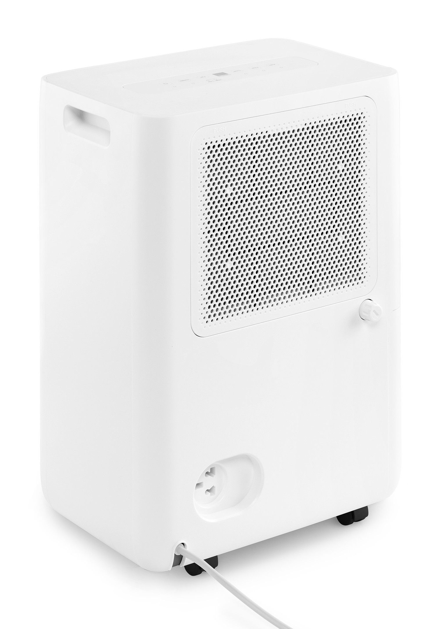 A white dehumidifier with a ventilation grille and wheels.