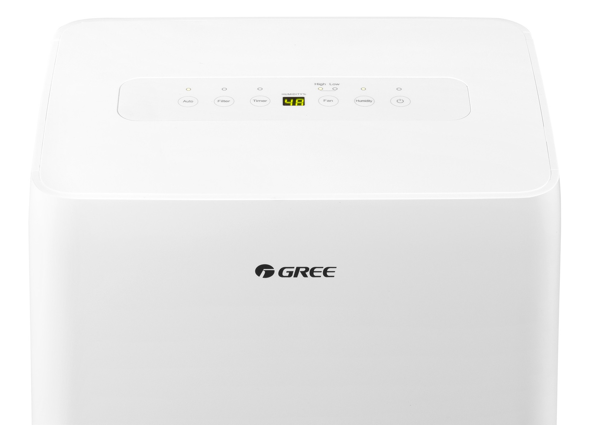 A white dehumidifier with GREE logo and digital controls.