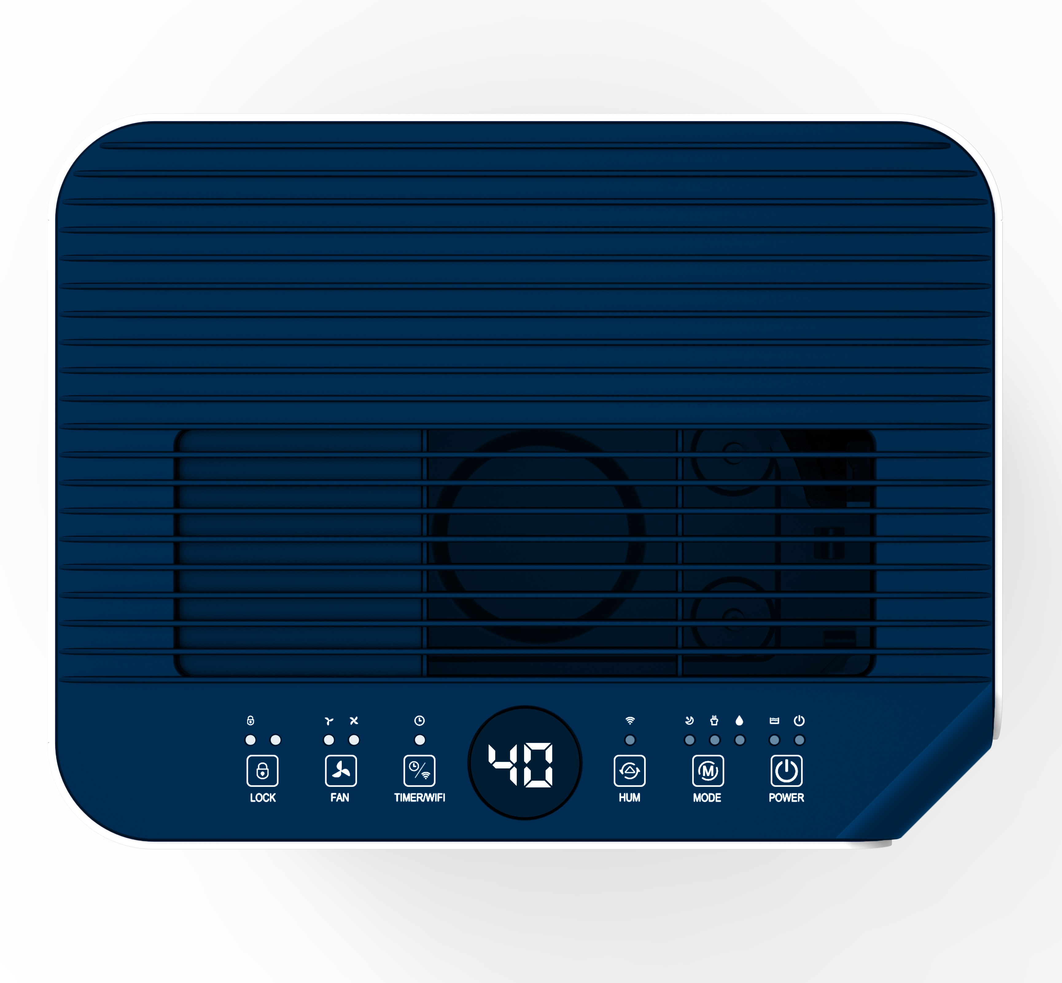 Dispositivo azul oscuro con ranuras de ventilación y panel de control.