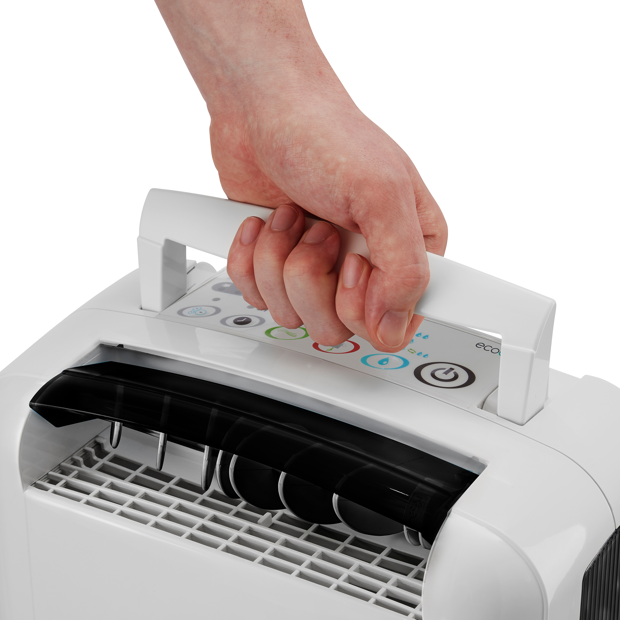 A hand grips the handle of a white device with control buttons.