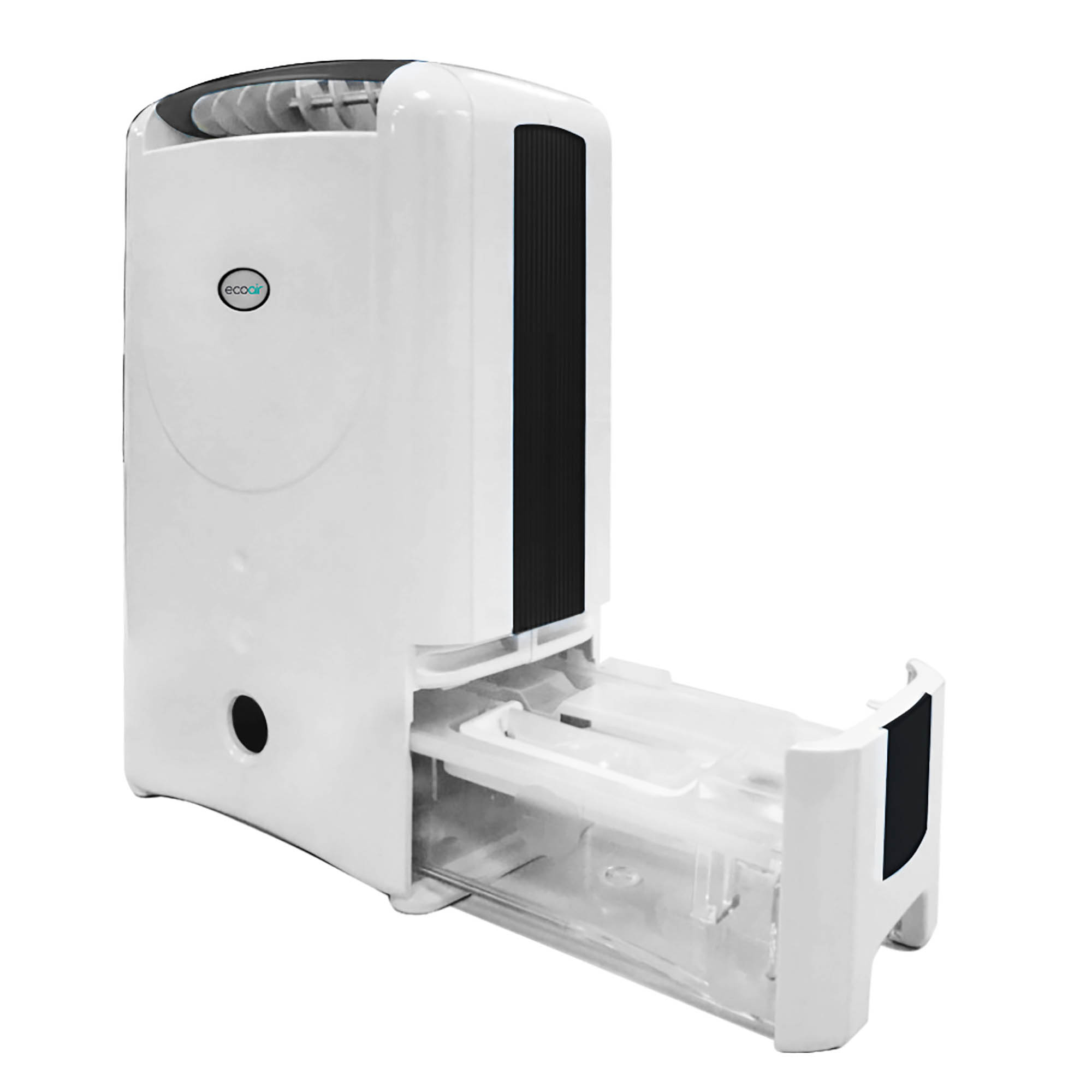 A white dehumidifier with a pull-out tank and ventilation slots.
