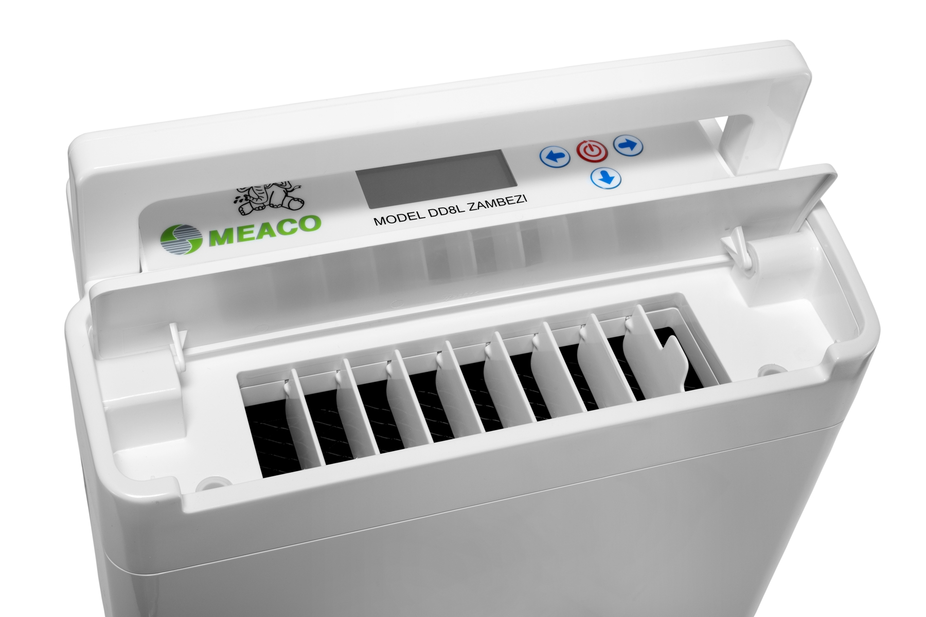 A white Meaco DD8L Zambezi dehumidifier with open lid showing vents and controls.
