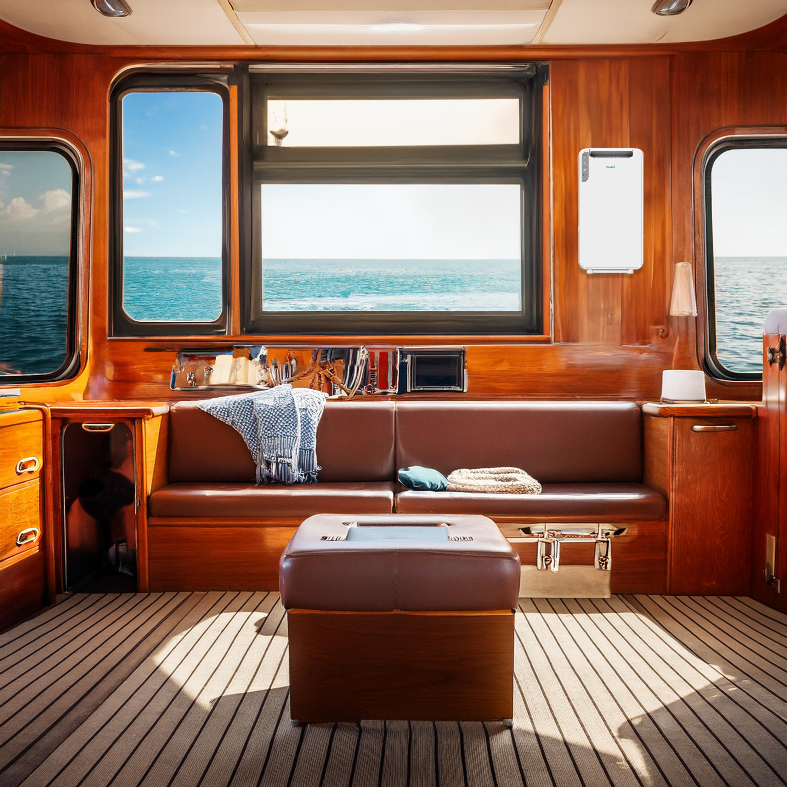 Interior of a boat with leather seats, wood accents, and ocean view.