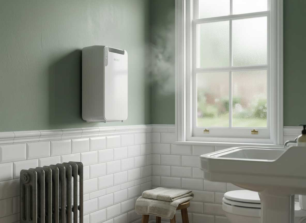 A white dehumidifier hangs on a green wall above a radiator and white tiles.