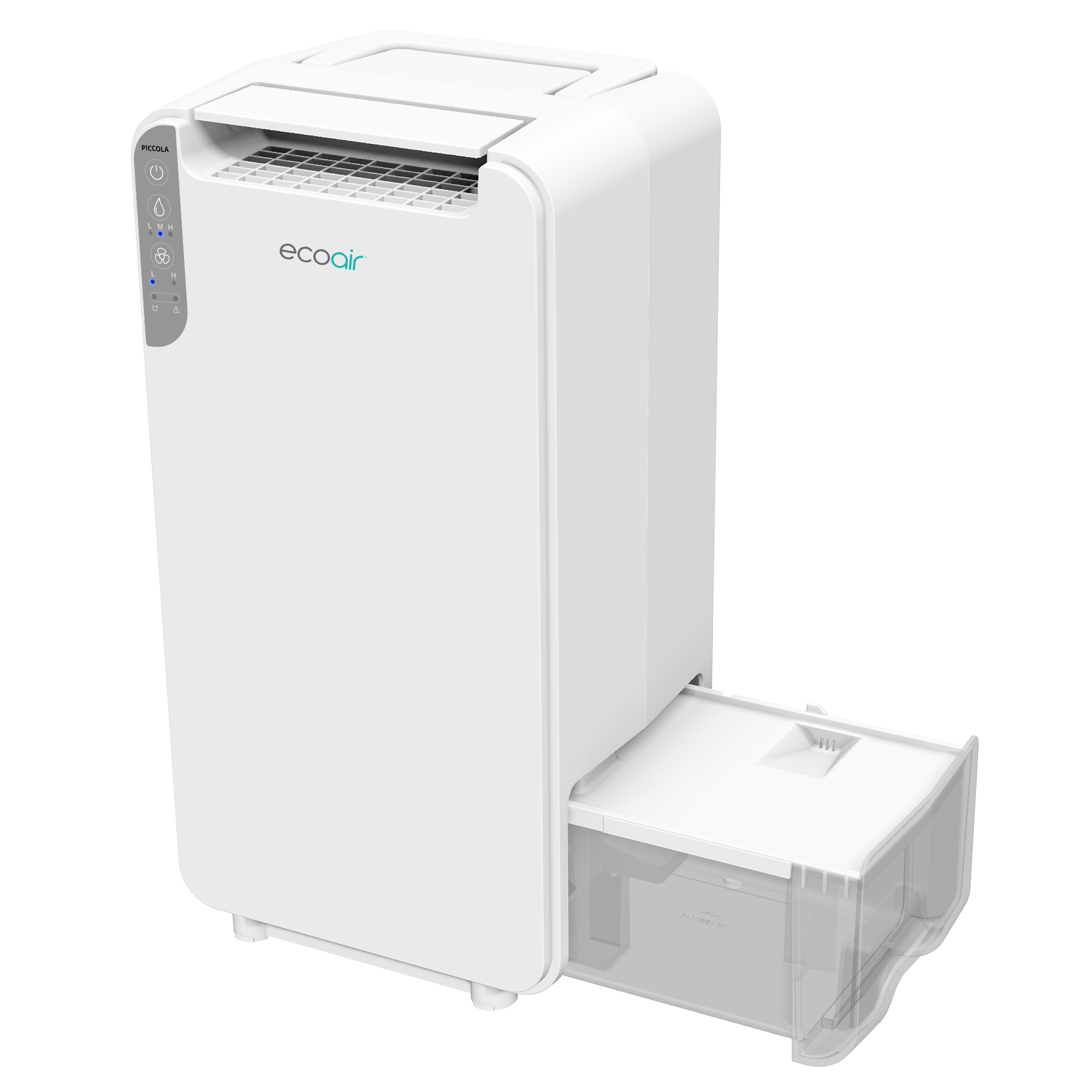 A white dehumidifier with a pull-out transparent tank, on a white background.