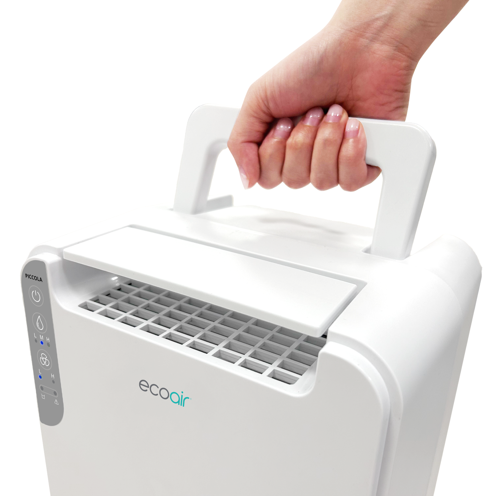 A hand grips the white handle of a white portable dehumidifier with 'ecoair' logo.