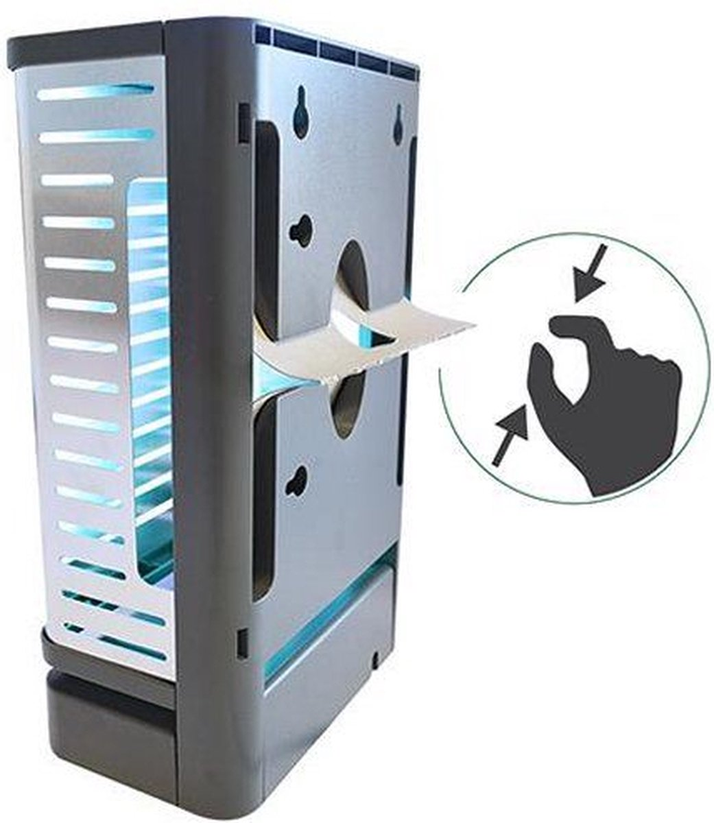 An insect killer with blue lights and a hand gesture indicating to press.