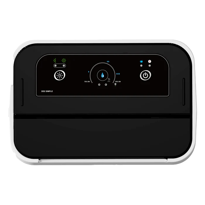 A white dehumidifier with a black front panel and digital display.