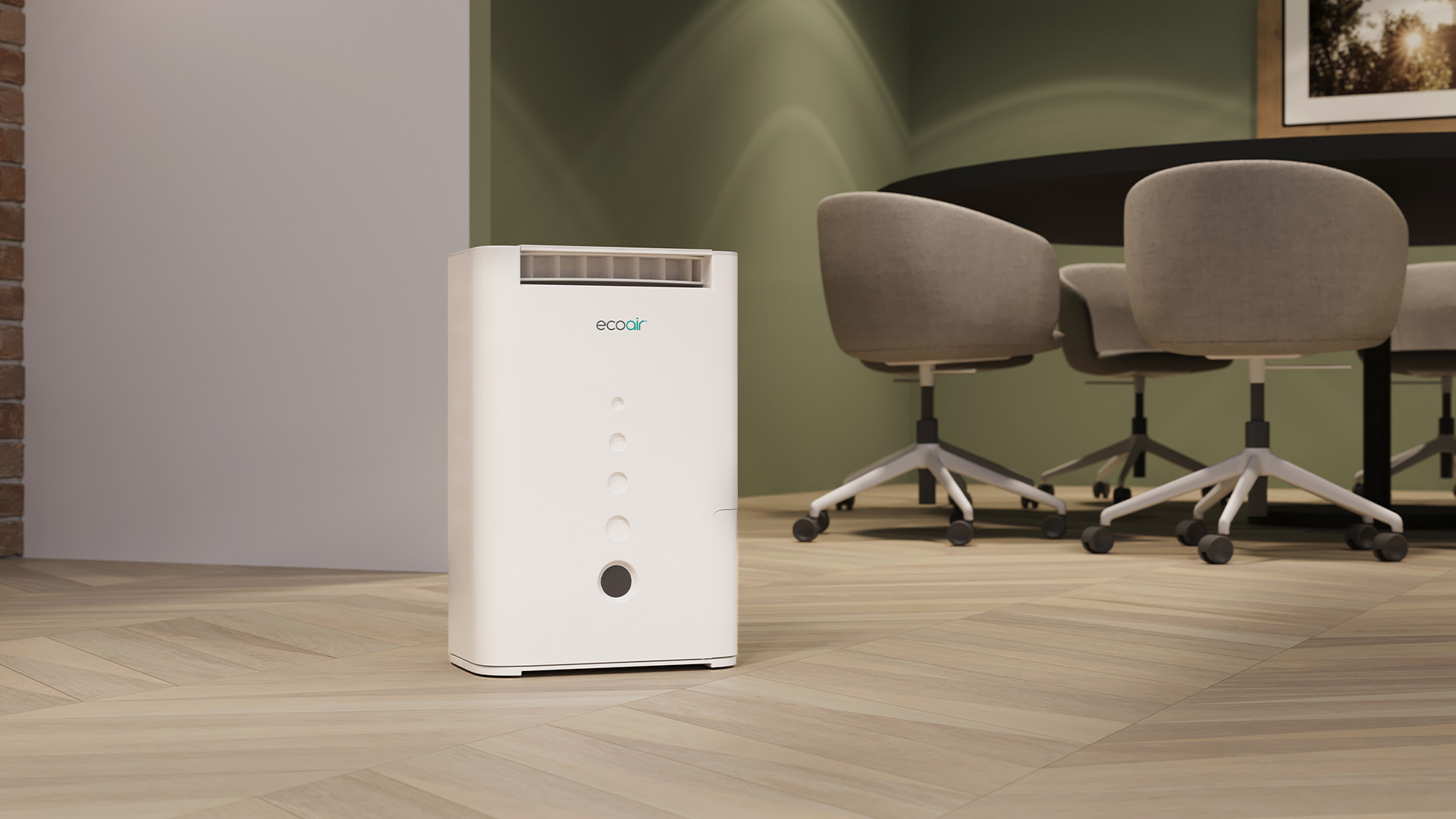 A white air purifier stands on a wooden floor next to a conference table with chairs.