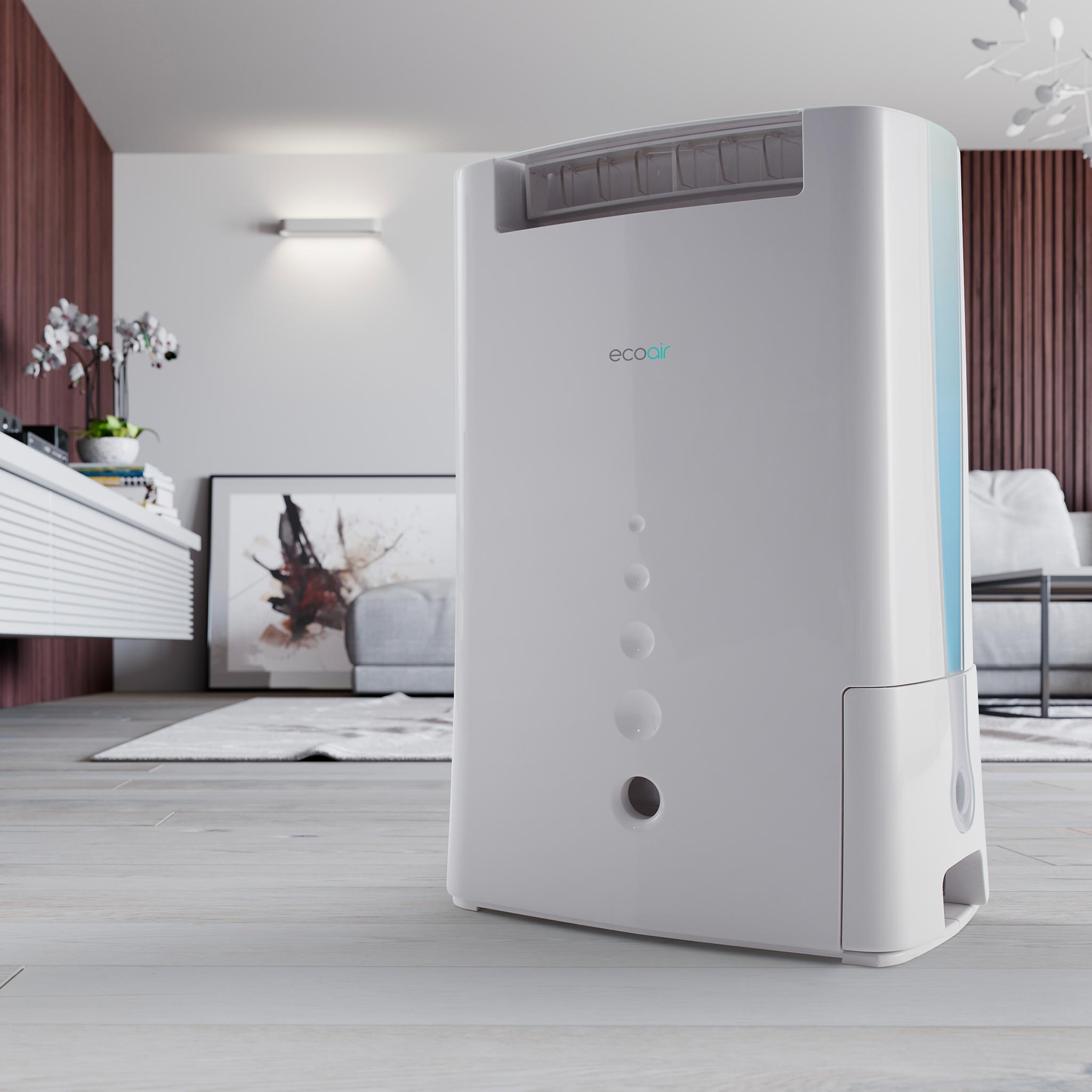 A white dehumidifier sits in a modern living room with wood-paneled walls and a rug.