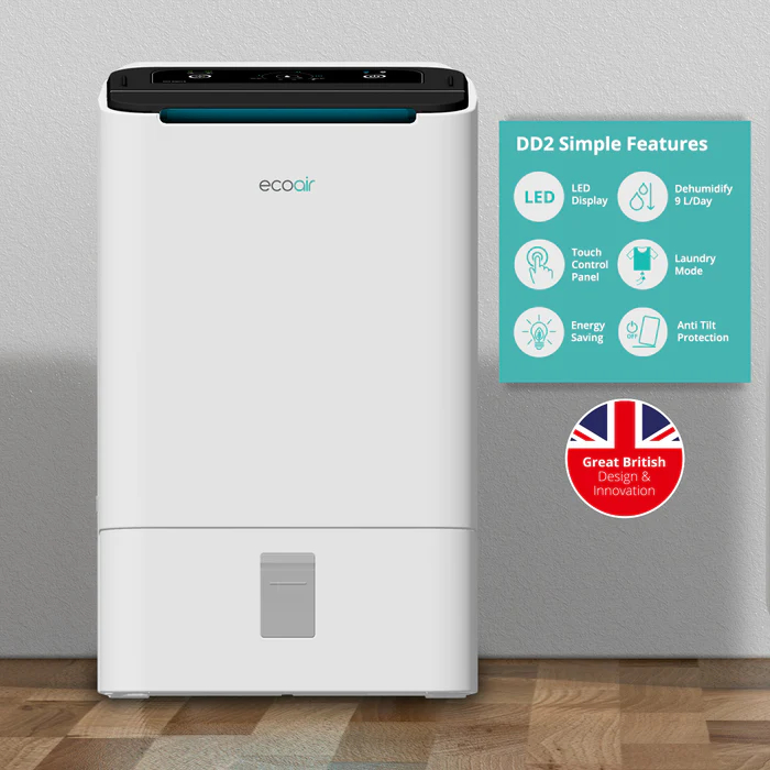A white EcoAir dehumidifier with a touch screen and a Great British Design logo.