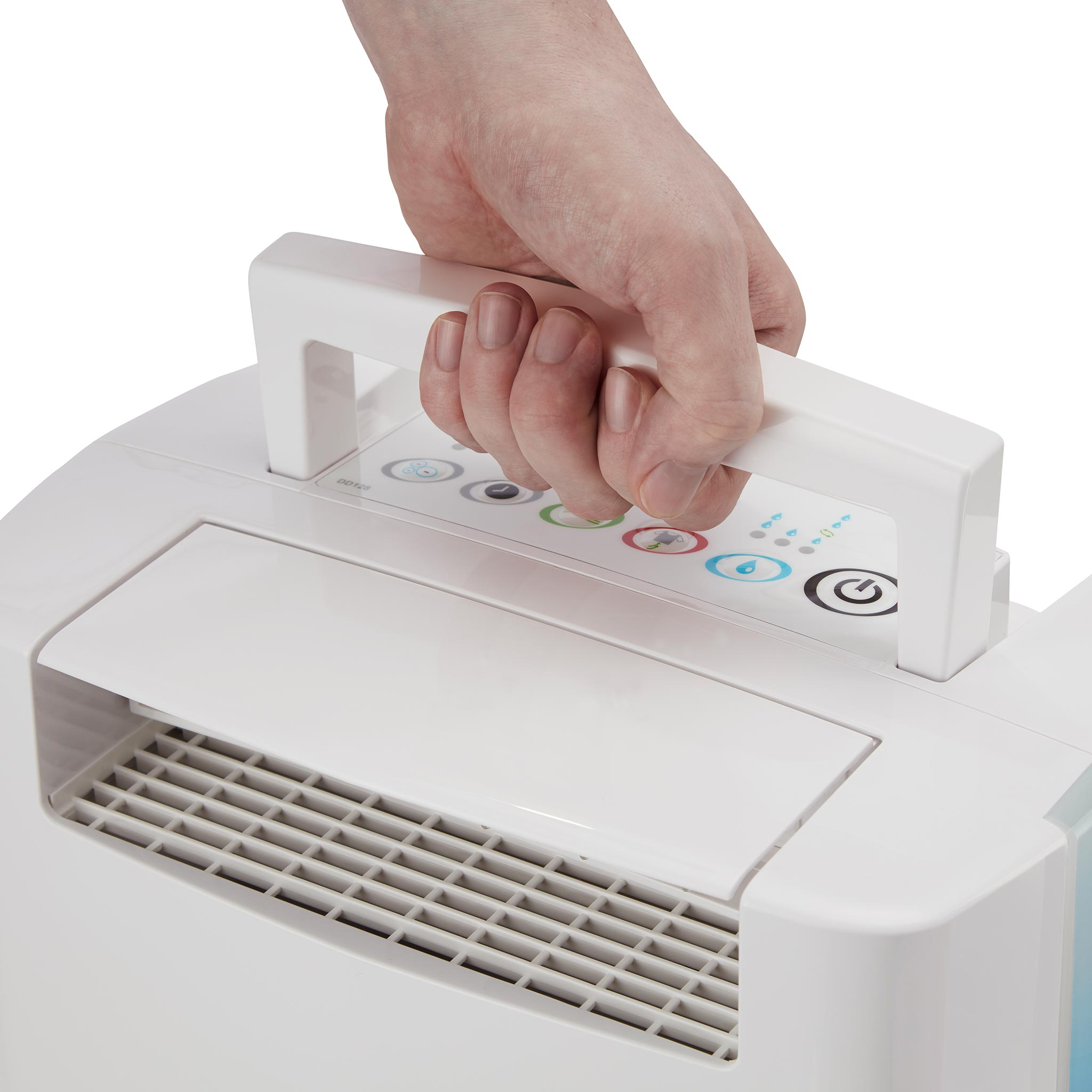 A hand lifts the white handle of a device with control buttons.