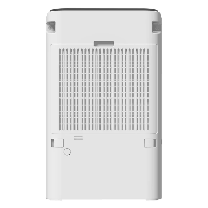 Back of a white air purifier with vents and control buttons.