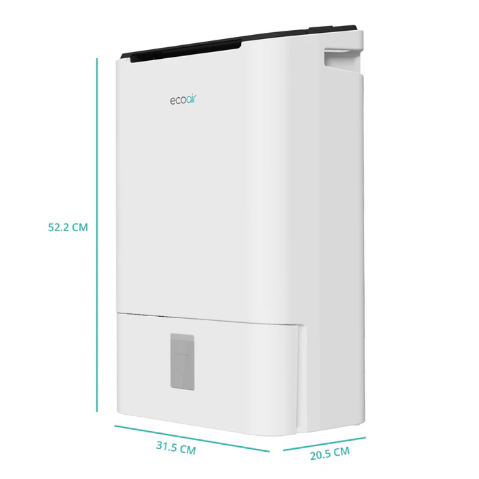 A white dehumidifier with dimensions: H 52.2 cm, W 31.5 cm, D 20.5 cm.