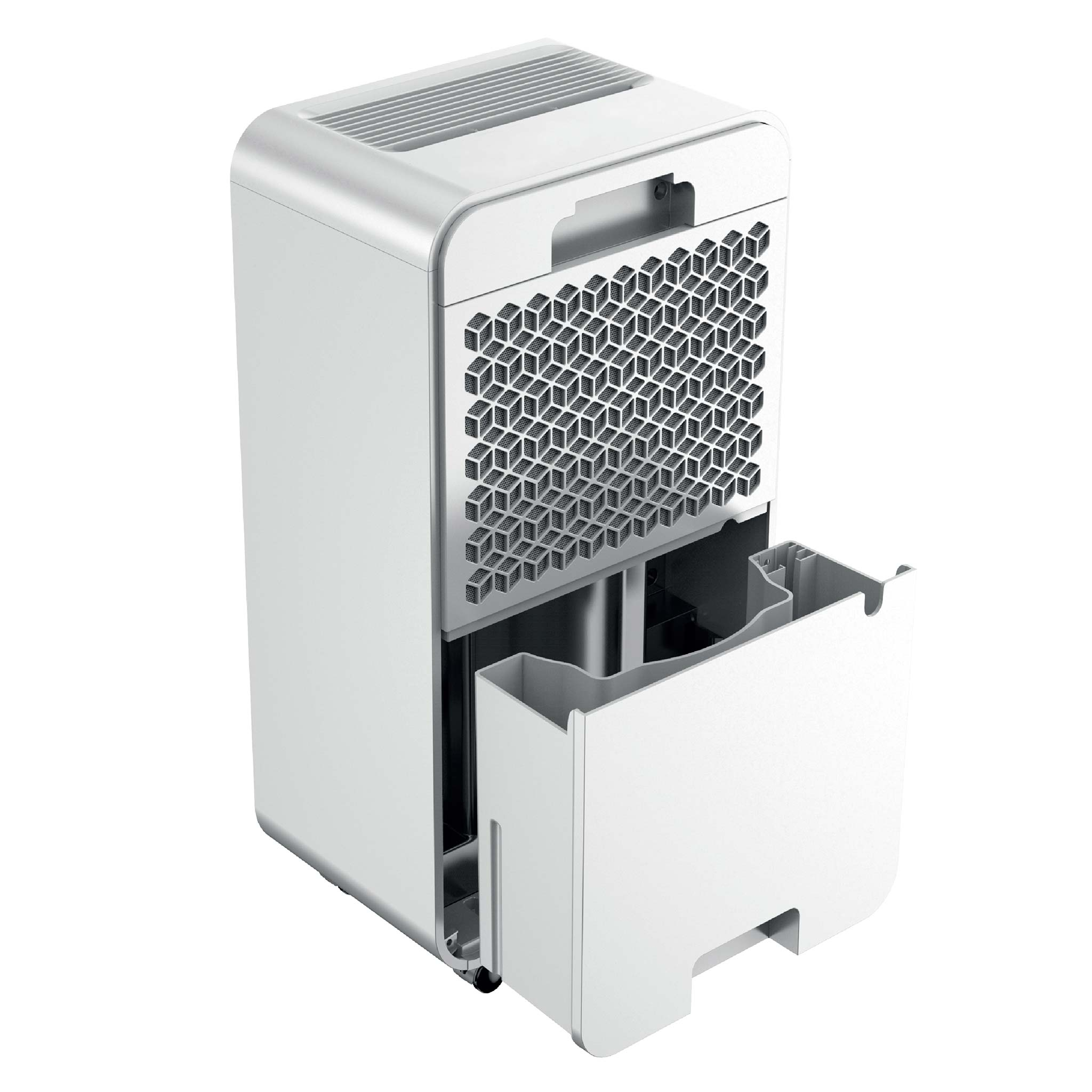 A white dehumidifier with an extended drawer and a honeycomb-patterned vent.