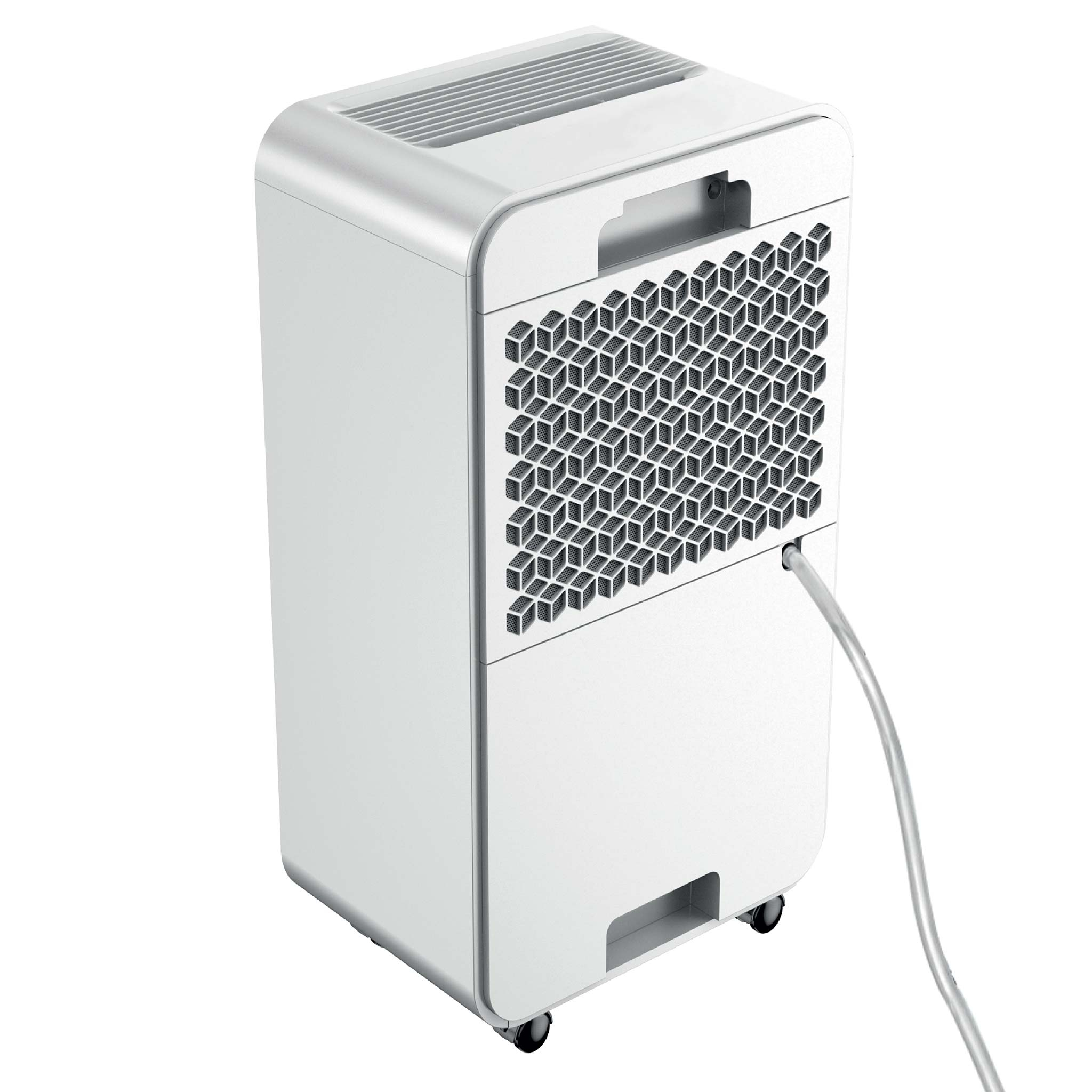 White dehumidifier with a silver handle and a honeycomb grille. A gray hose exits the unit.