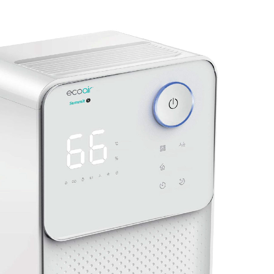 A white air purifier with a digital display showing 66 and a power button.