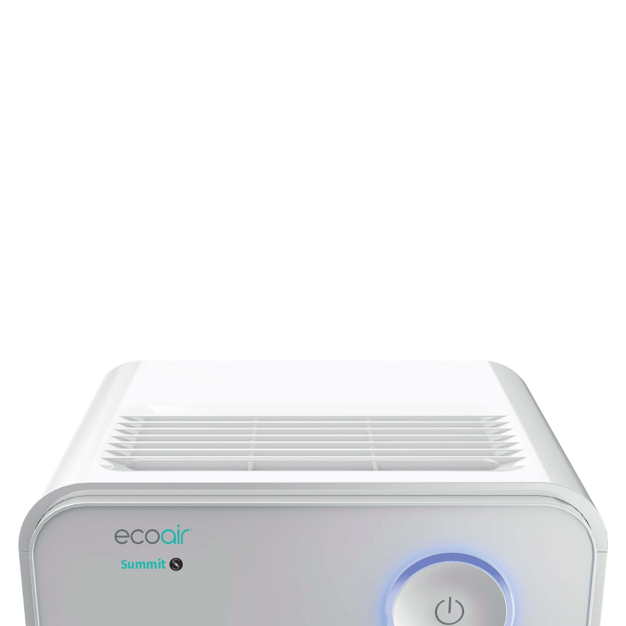 A white air purifier with vents on top and a blue button.
