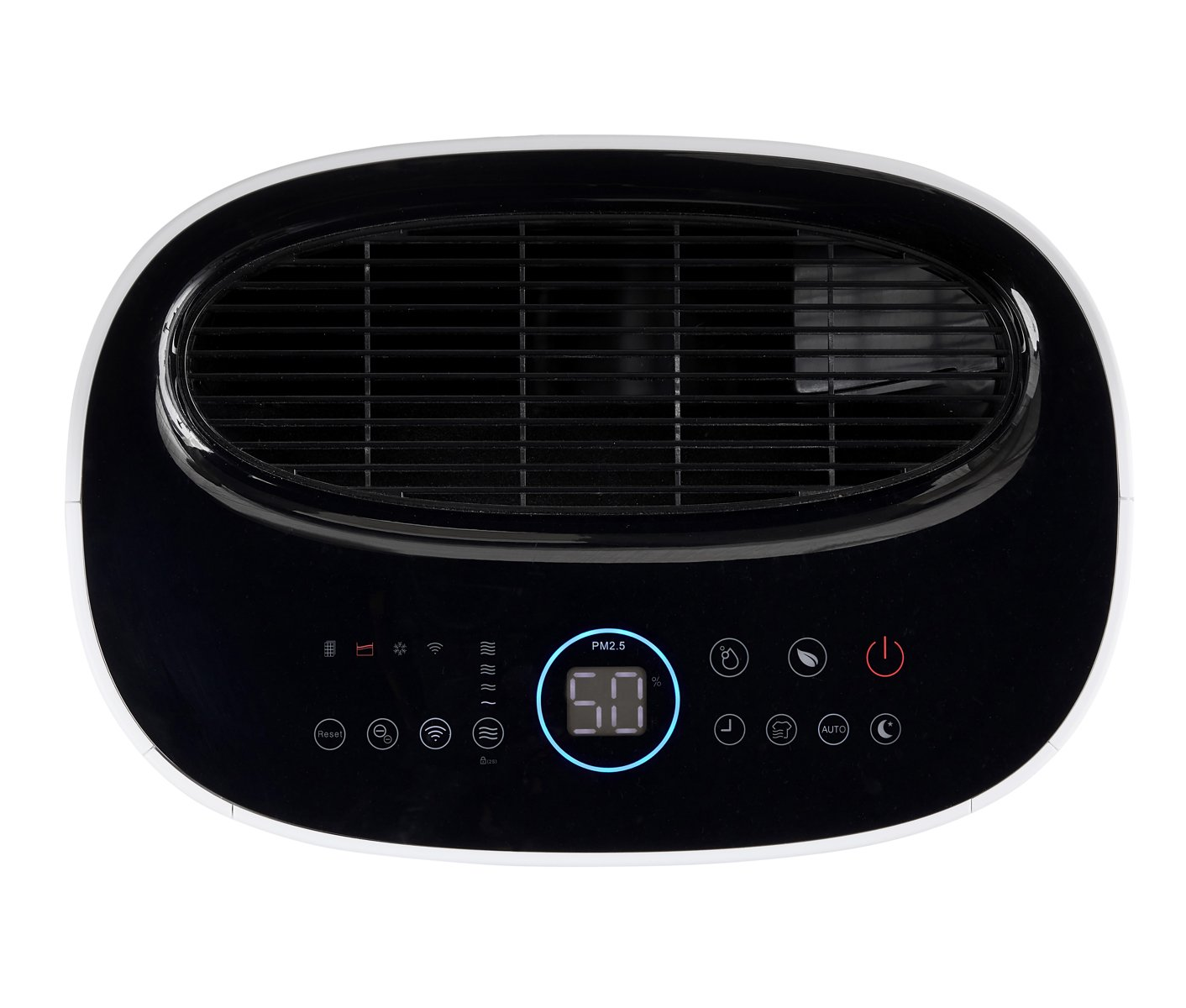 A black air purifier with a digital display showing "50".
