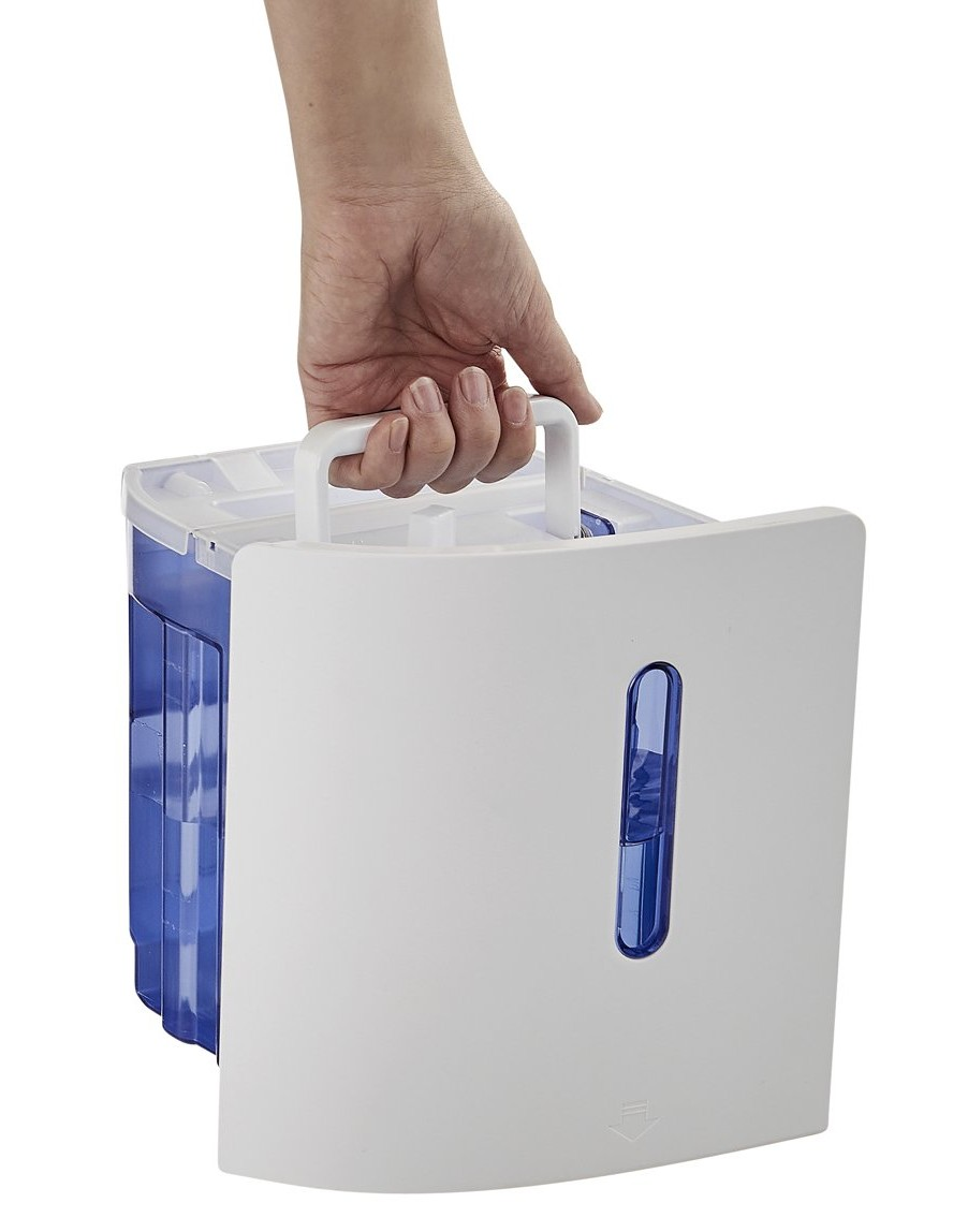 A hand holds a white handle on a white and blue portable cooler.