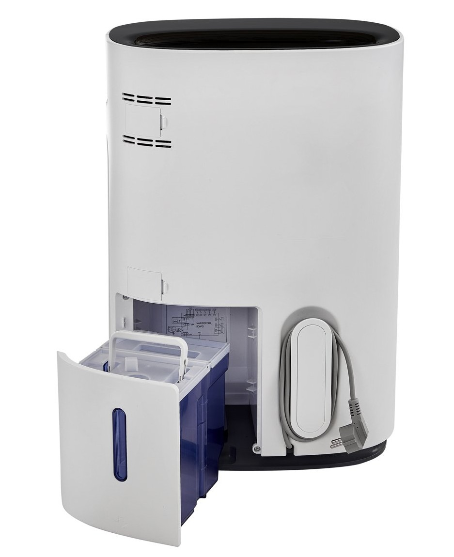 A white dehumidifier with a pull-out water tank and cord storage.