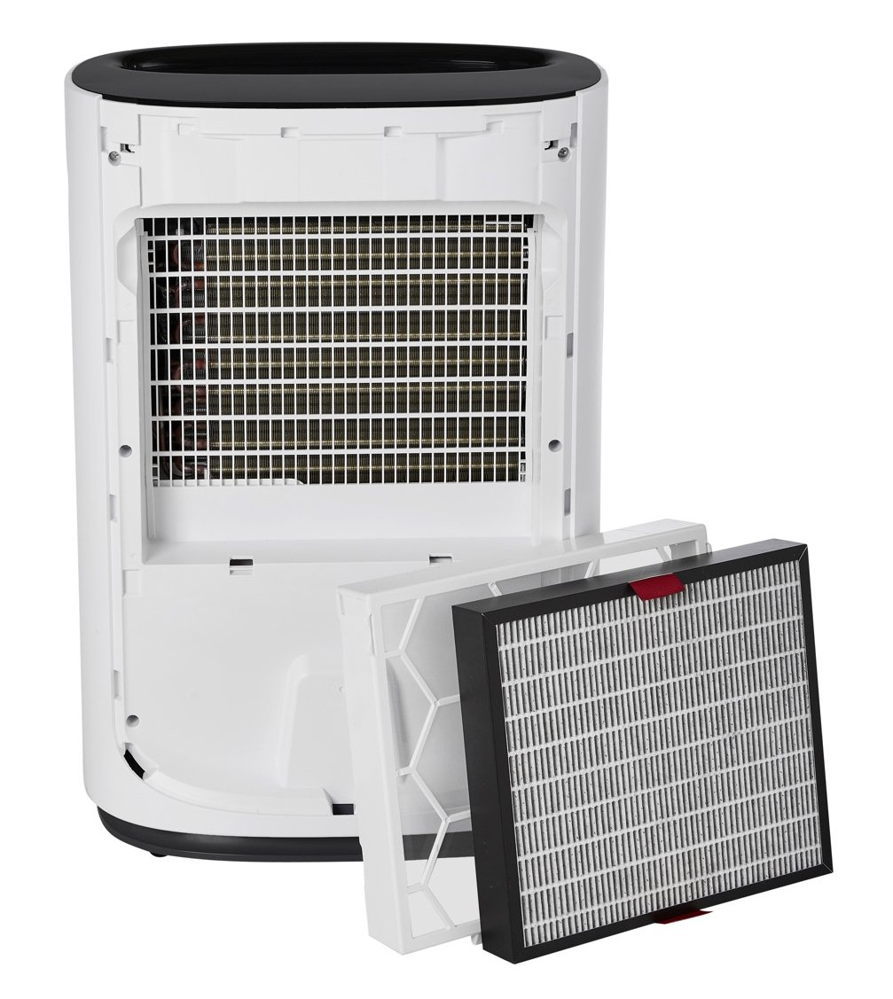 White air purifier with removed black filter and white frame.