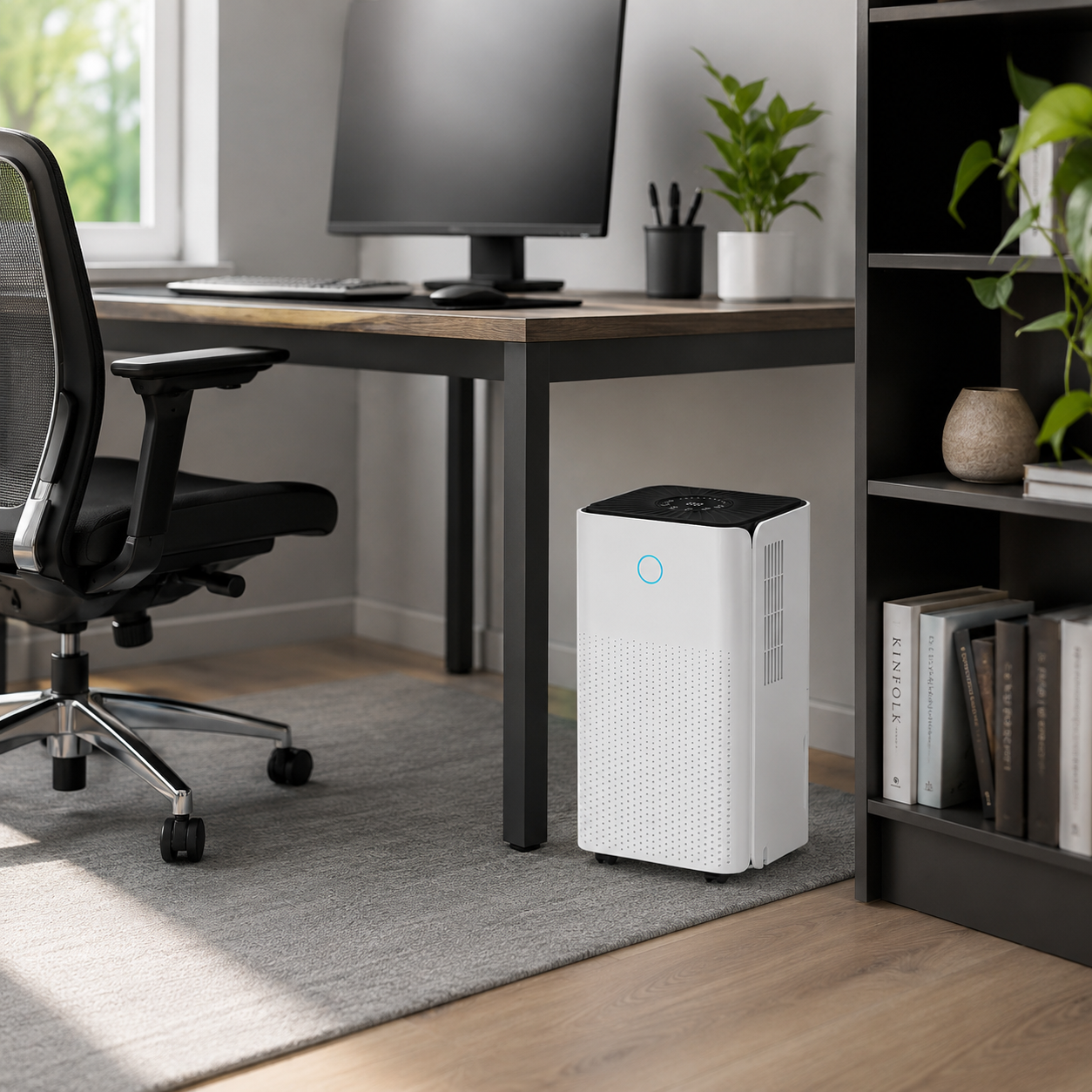 A white air purifier sits on a gray rug next to a wooden desk with a computer and chair.