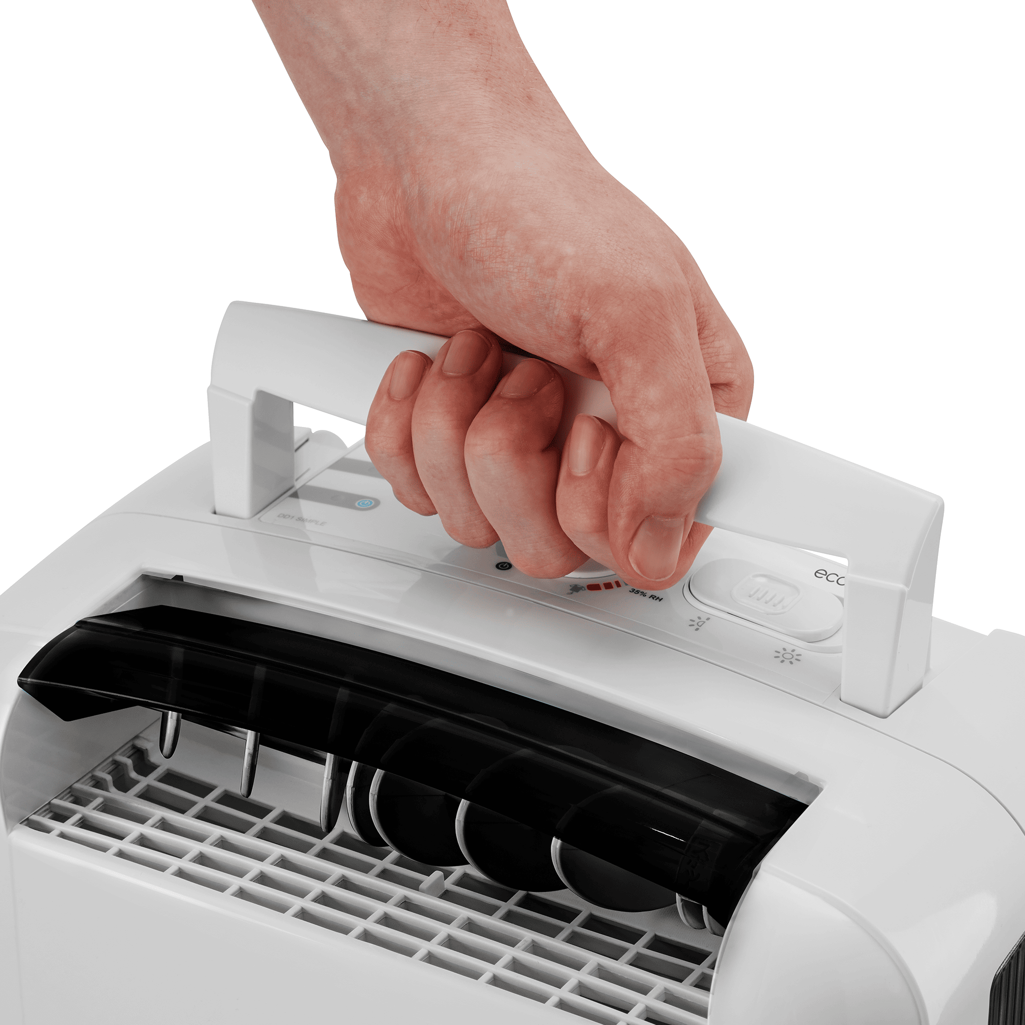 Eine Hand greift den Griff eines weißen Geräts mit einem schwarzen Lüftergitter.
