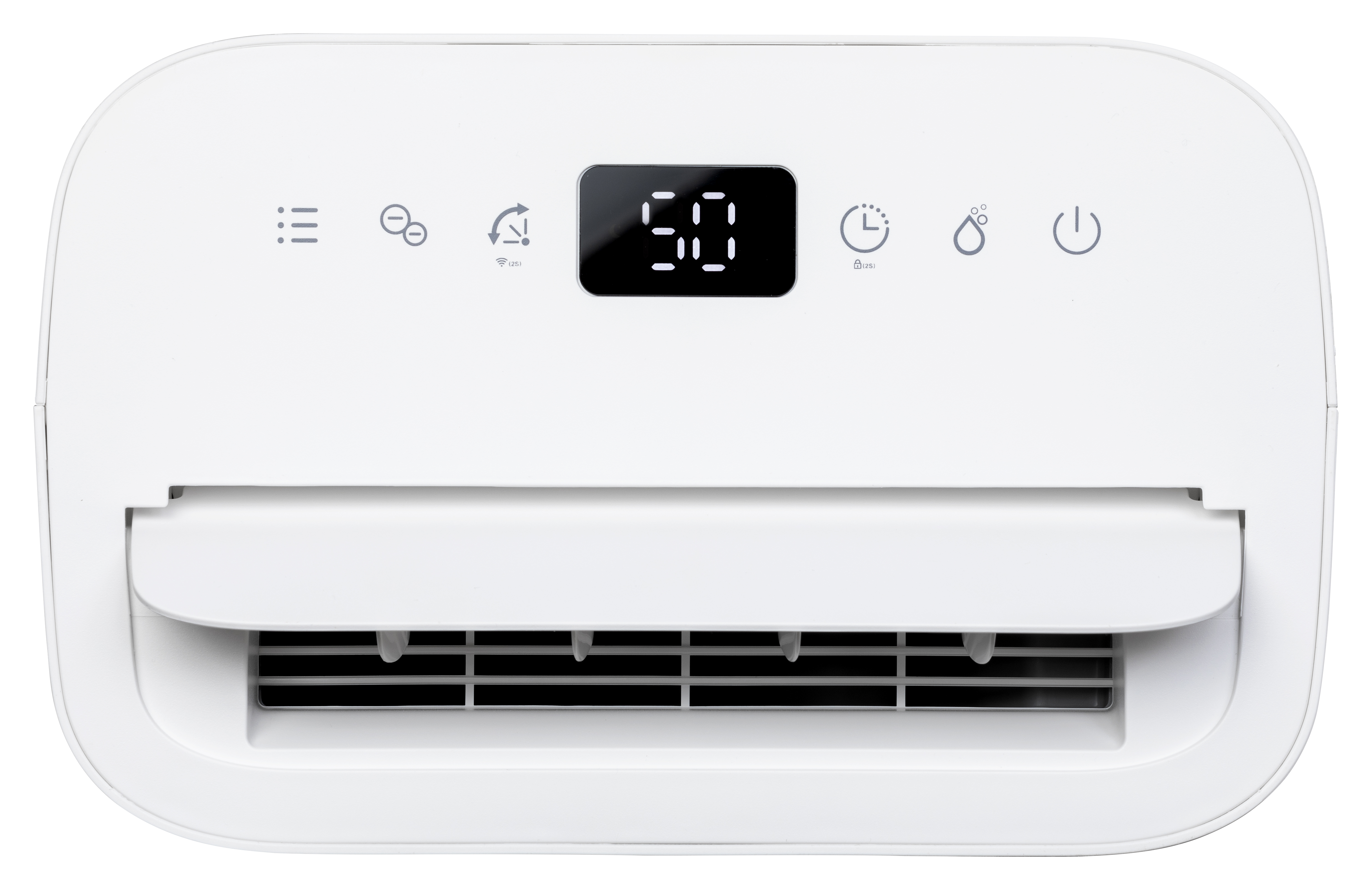 A white dehumidifier with a digital display, vents, and icons.