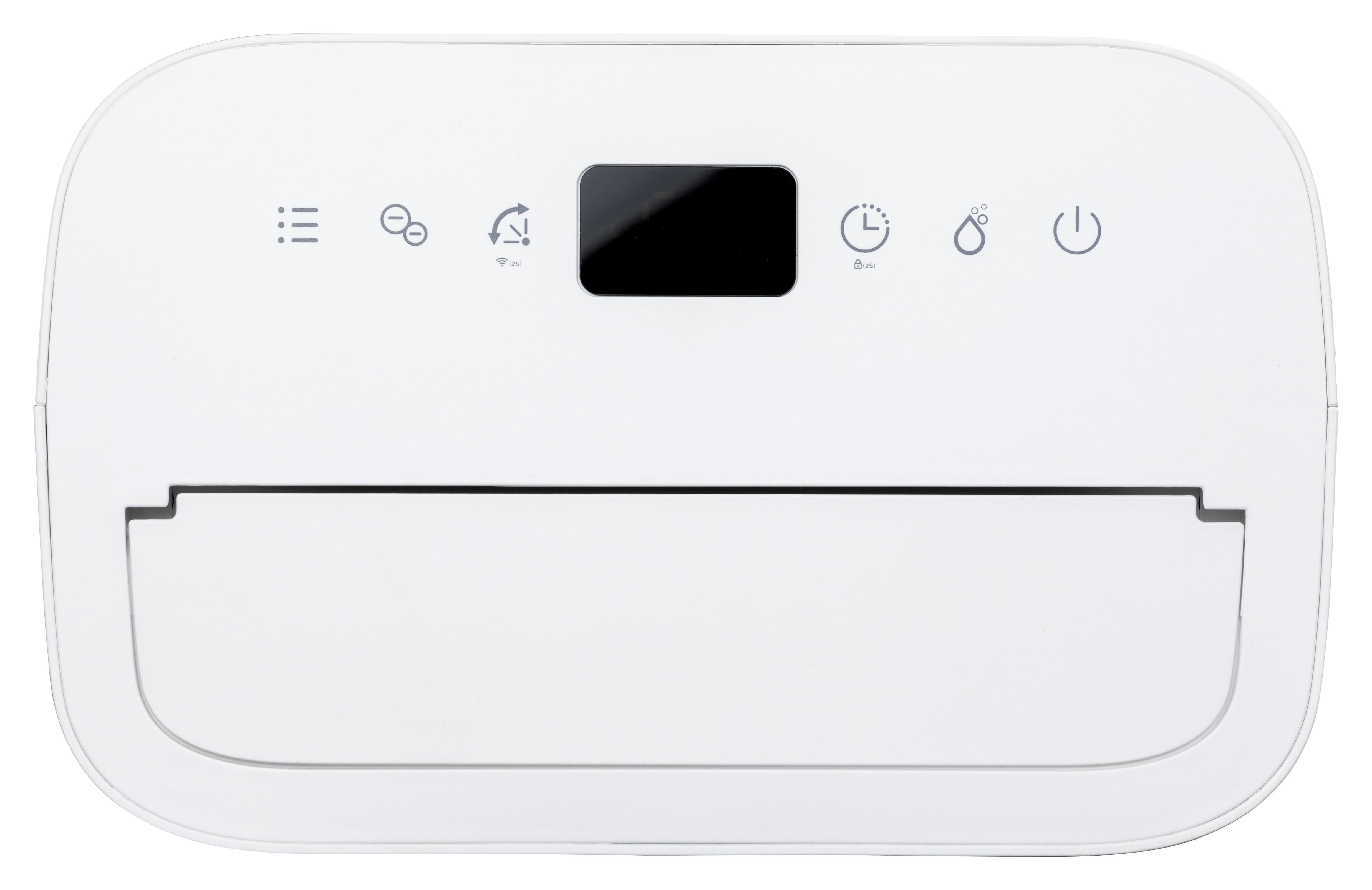 A white device with icons and a black screen display.