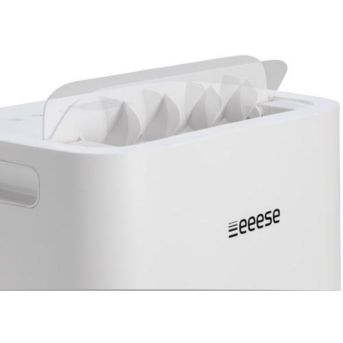 A white paper shredder with an open slot and visible shredding rollers.