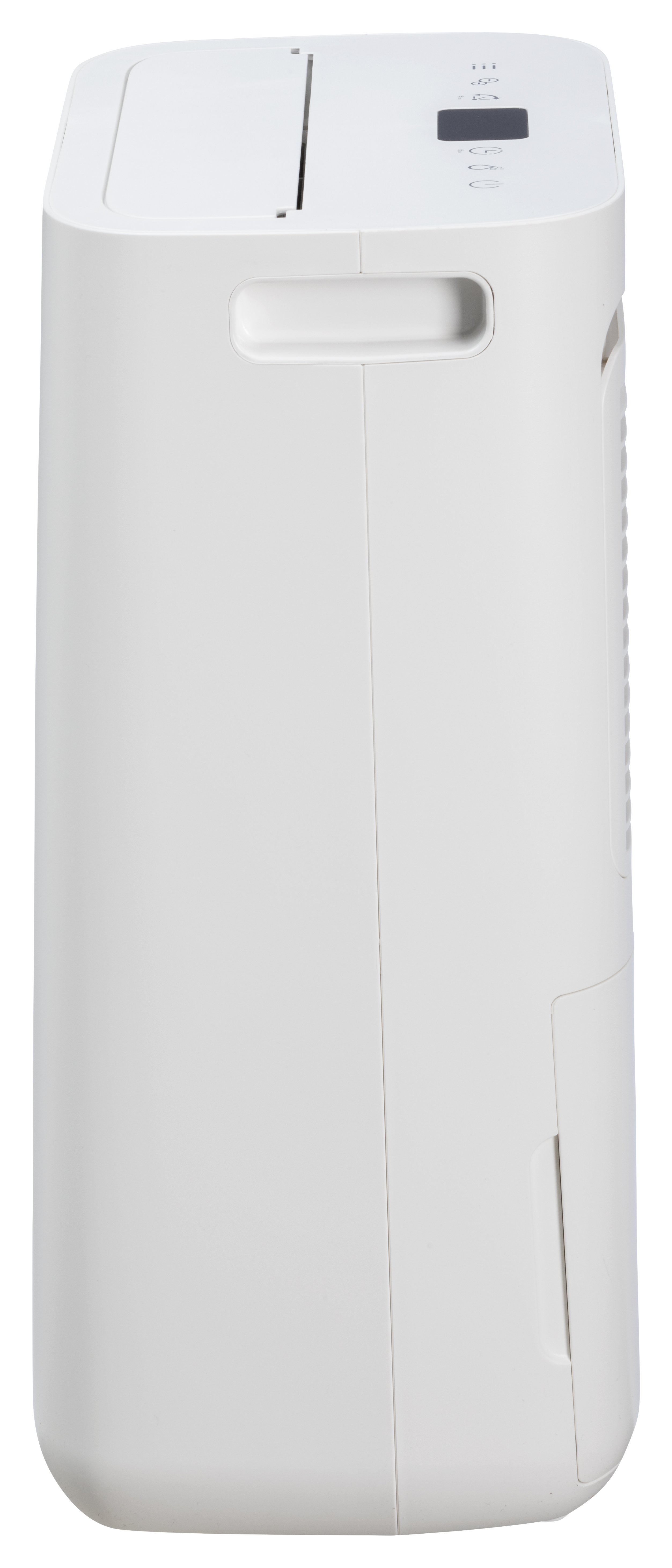 A white dehumidifier with a handle and control panel.